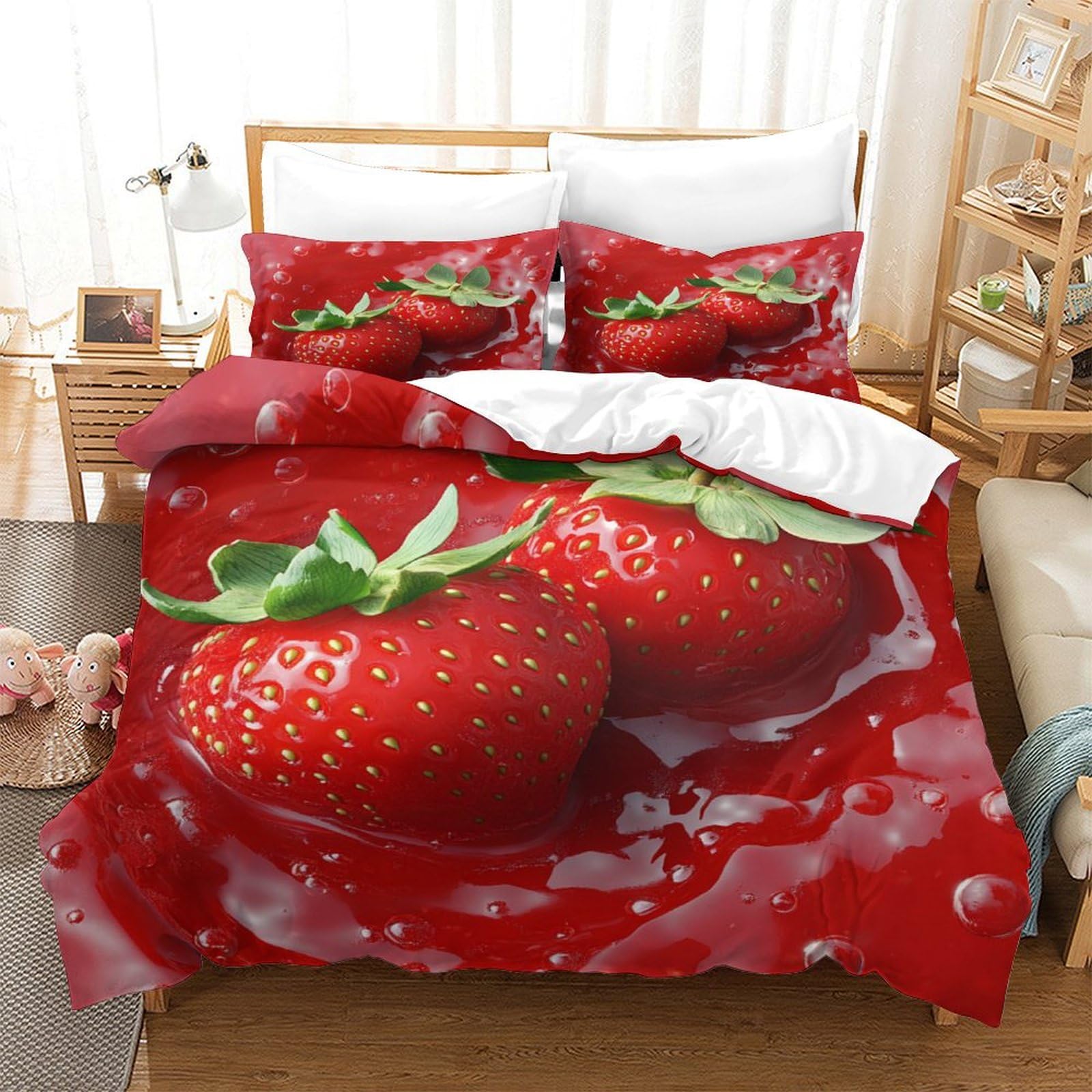 P1s9u7w5y Strawberry Refreshing Design 3D Printed Duvet Cover Set 3Pcs Microfiber Fruit Bedding Set Double（200X200cm）