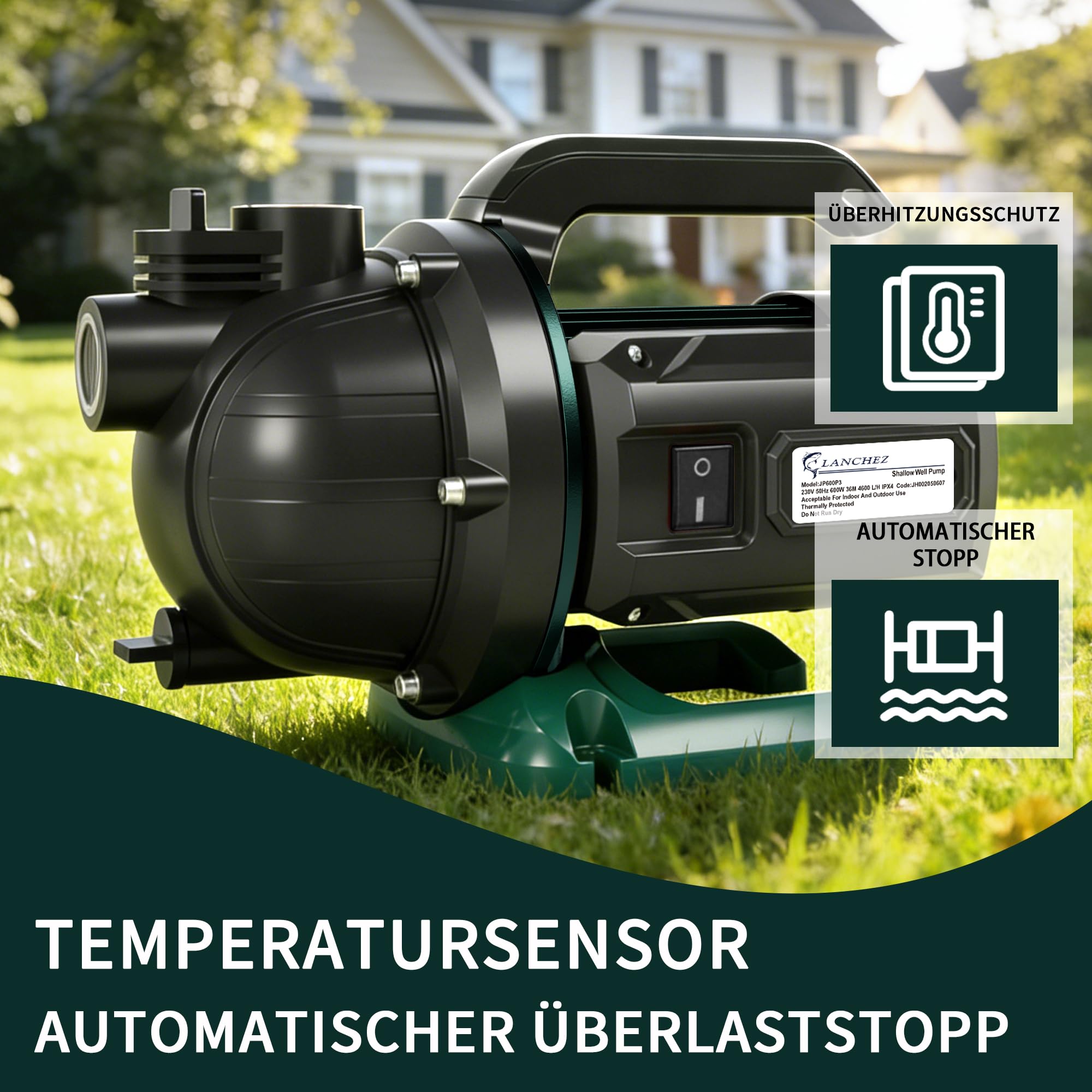 LANCHEZ Gartenpumpe 4600 l/h Fördermenge, Leistung 600 W, 36 m Förderhöhe, Ansaughöhe bis zu 8 m, Tragbarer Griff, Wasserpumpe für Regenfässer, Zisternen, Gartenteiche