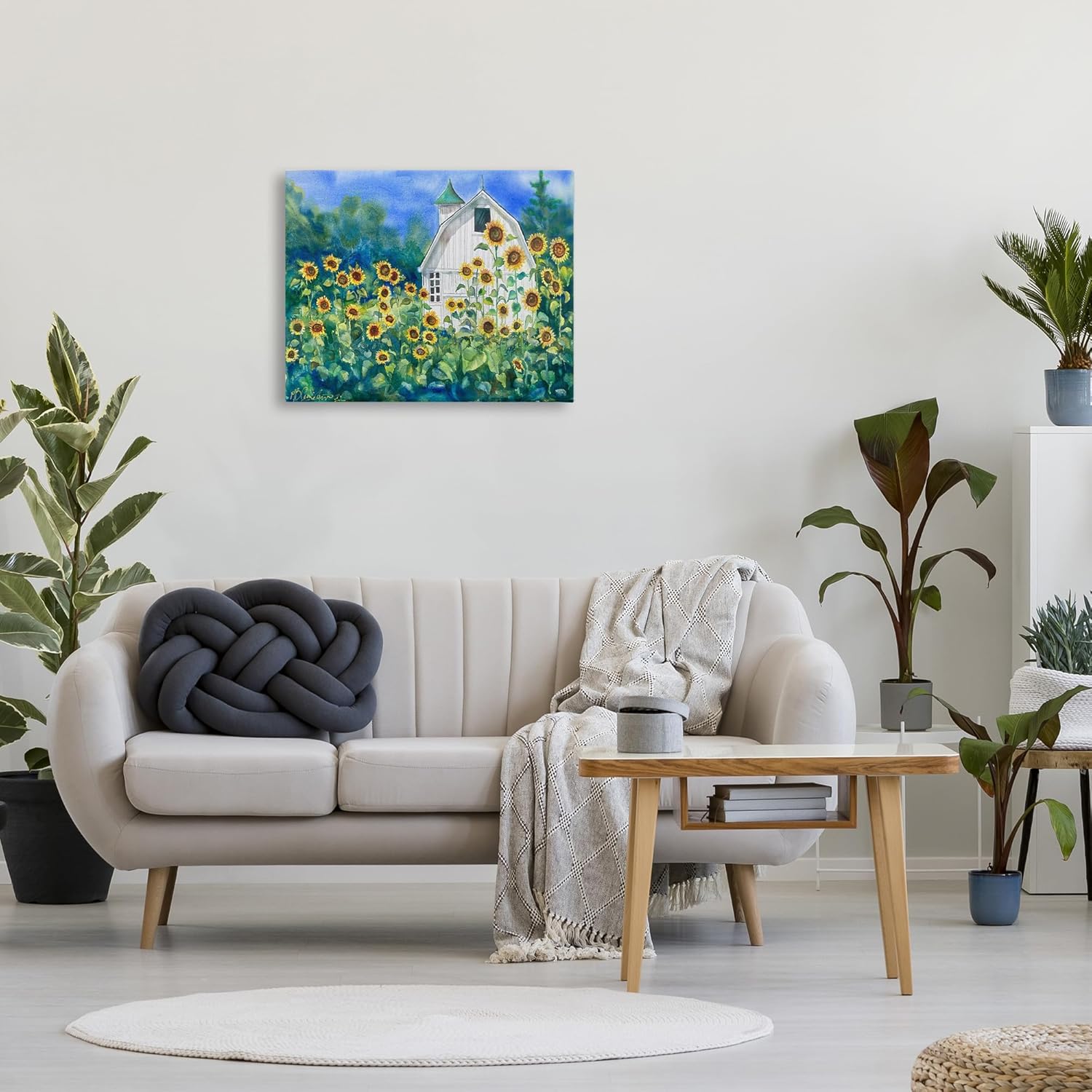 Tall Sunflowers and White Barn Canvas Wall Art