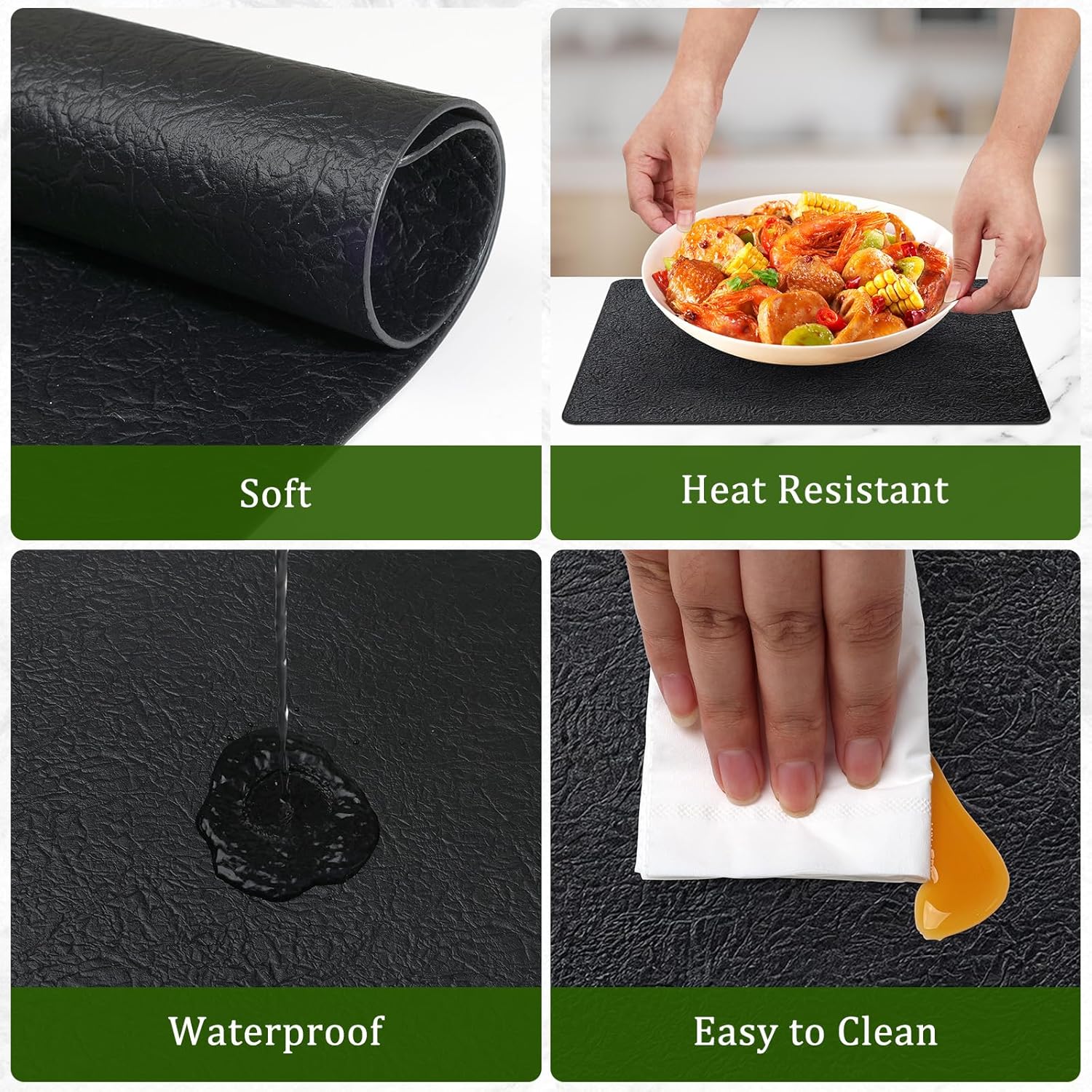 comfoyar Faux Leather Placemats Set of 6 with Coasters, 12x17inch Non-Slip Heat Resistant Dual-Sided Black Crackled Place Mats, Washable Waterproof Table Mats for Kitchen Dining Party Table Decoration