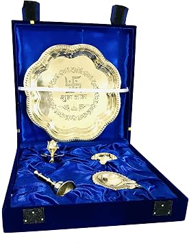 Brass thali Set 5 pcs Pooja Brass bhog thali Set Embossed Swastik shubh labh Plate Puja Aarti thali Home Mandir Temple Accessory Thanksgiving Gifts Return Gift Blue Velvet Box - 8.5 inch