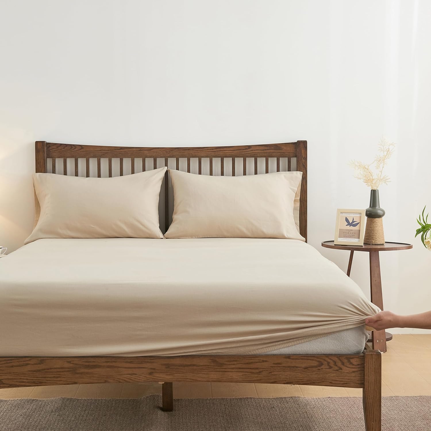 Simple&Opulence Belgian Linen Sheet Set Solid Color - 4 Pieces (1 Flat Sheet, 1 Fitted Sheet & 2 Pillowcases) Natural Flax Cotton Blend Soft Breathable Farmhouse Bedding - Full Size, Linen/Beige - Image 7