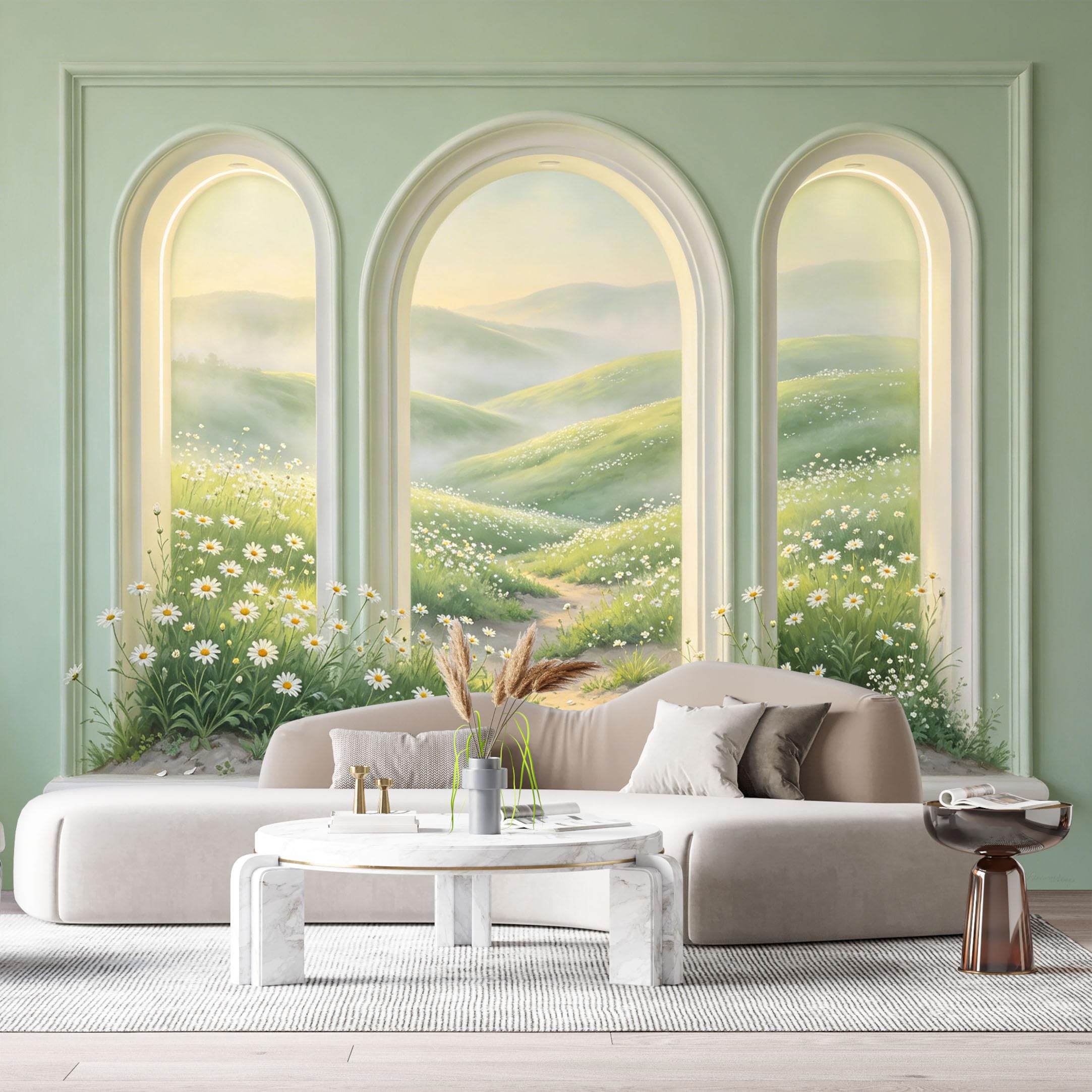 Custom Size Wall Murals Daisy Field Landscape Morning Mist Archway 3D Trompe L'Oeil SelfAdhesiveWall Fabric Removable Wallpaper Wall Decor for Living Room Bedroom Bathroom