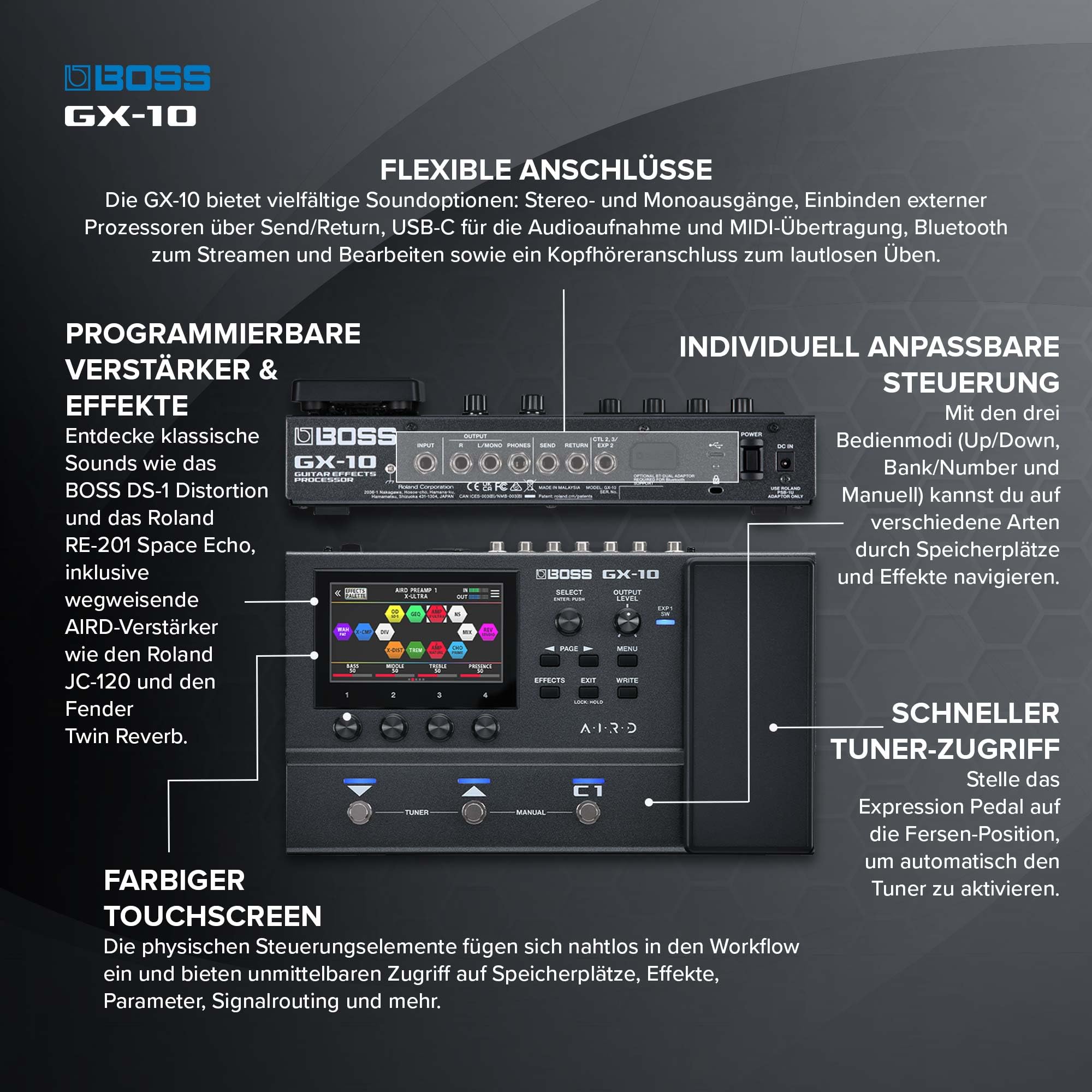 BOSS GX-10 | Compact Guitar & Bass Effects Processor | GX-100 Sound Engine | Colour Touch Display | 32 Amp Types & 170 BOSS Effects | Multi-mode Footswitches & Expression Pedal | AIRD Technology