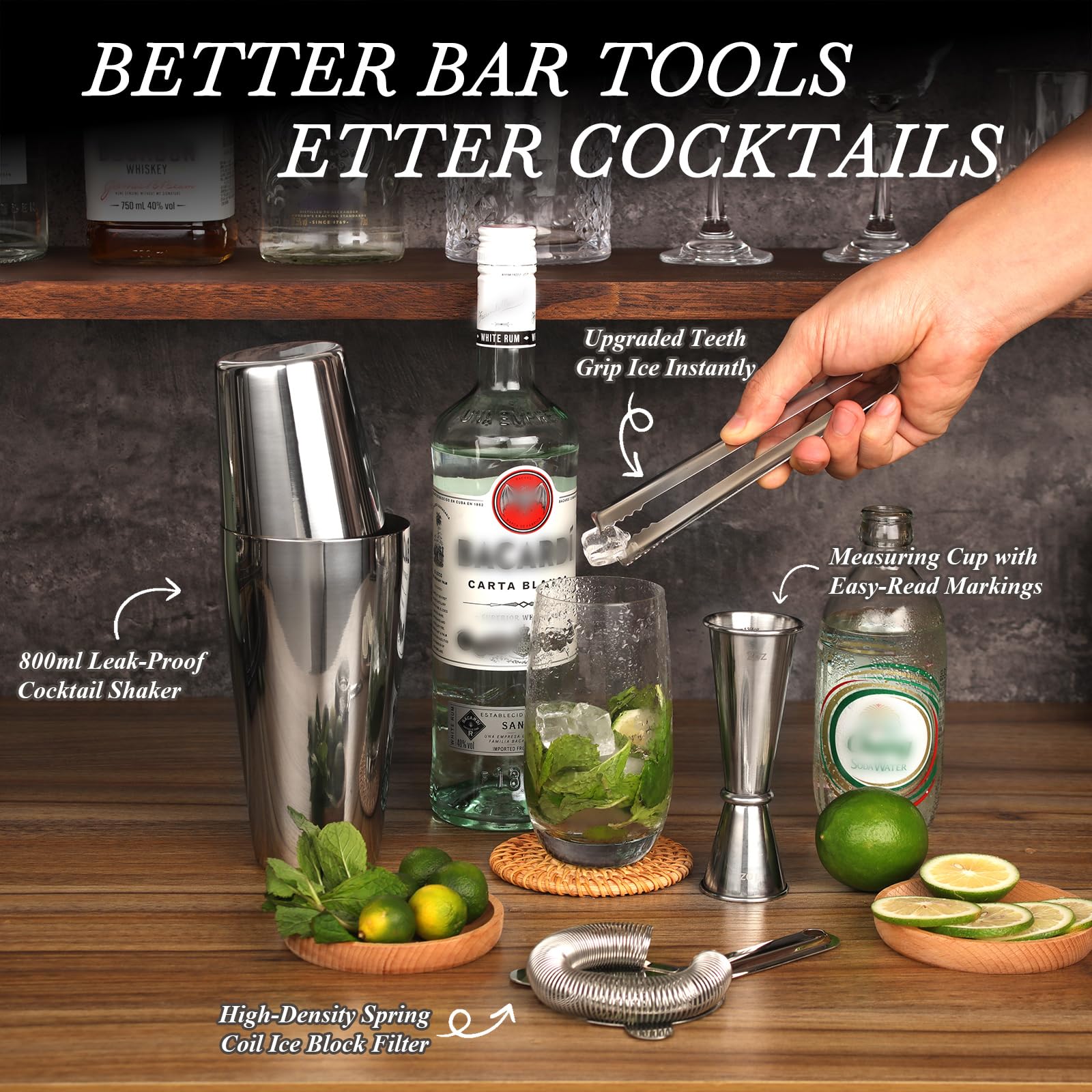 Kit cocktail da 20 pezzi in acciaio inox 825ml con supporto, Boston shaker cocktail set con dosatore misurino cocktail, kit barman professionale completo per casa e bar, regali per papà (argento)