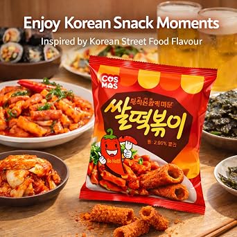 Tteokbokki Flavoured Snack 50g x Pack 10 – Korean Snacks Crispy Spicy Snack Sticks Tubes – Korean Food Inspired Street Food Flavour – Asian Snacks Savoury Crunchy Snack
