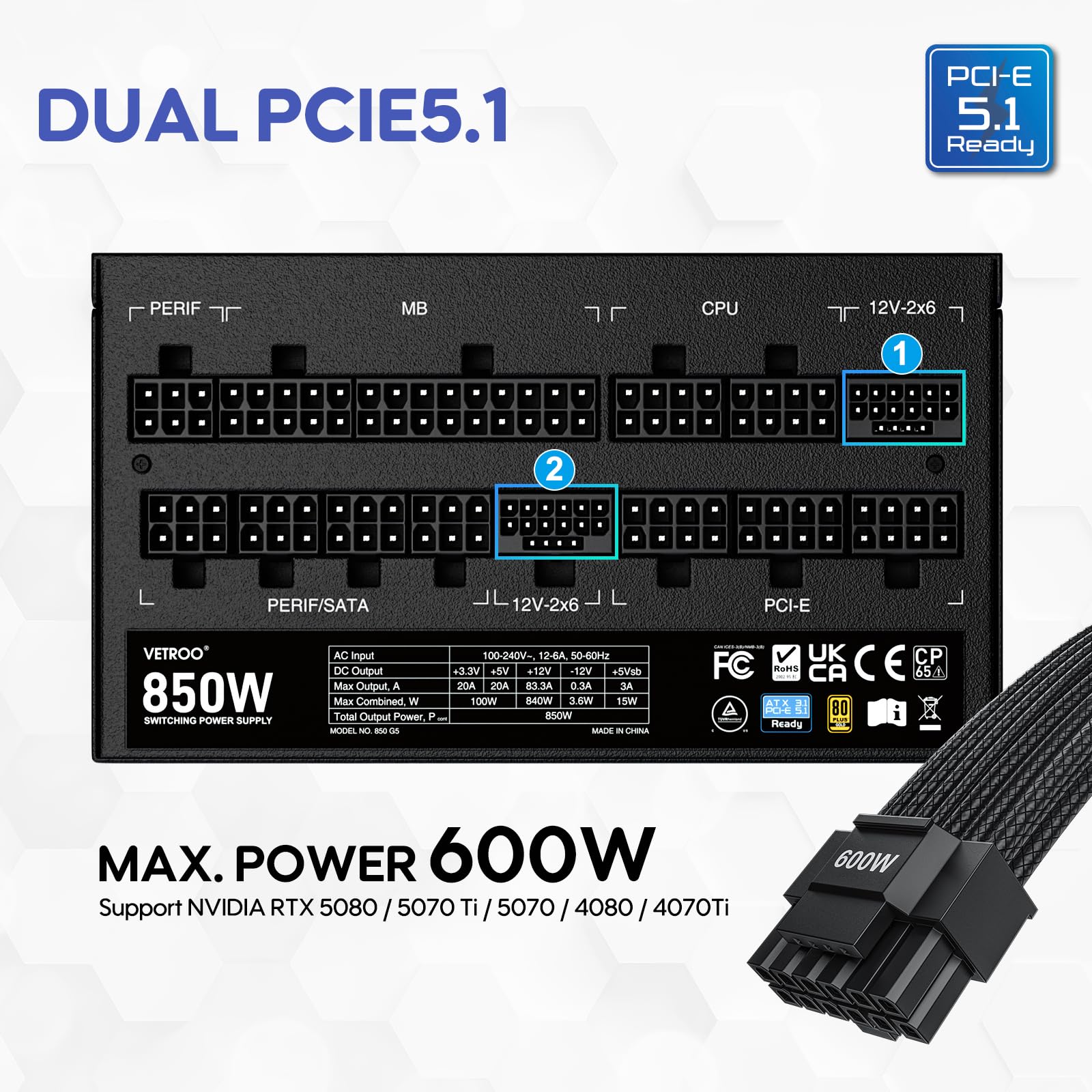 Vetroo Alimentatore nero da 850 W, doppio PCIe 5.1 ATX 3.1 Ready | Certificazione 80 Plus Gold, funzionamento completamente modulare, silenzioso con ventola FDB da 120 mm, garanzia di 10 anni