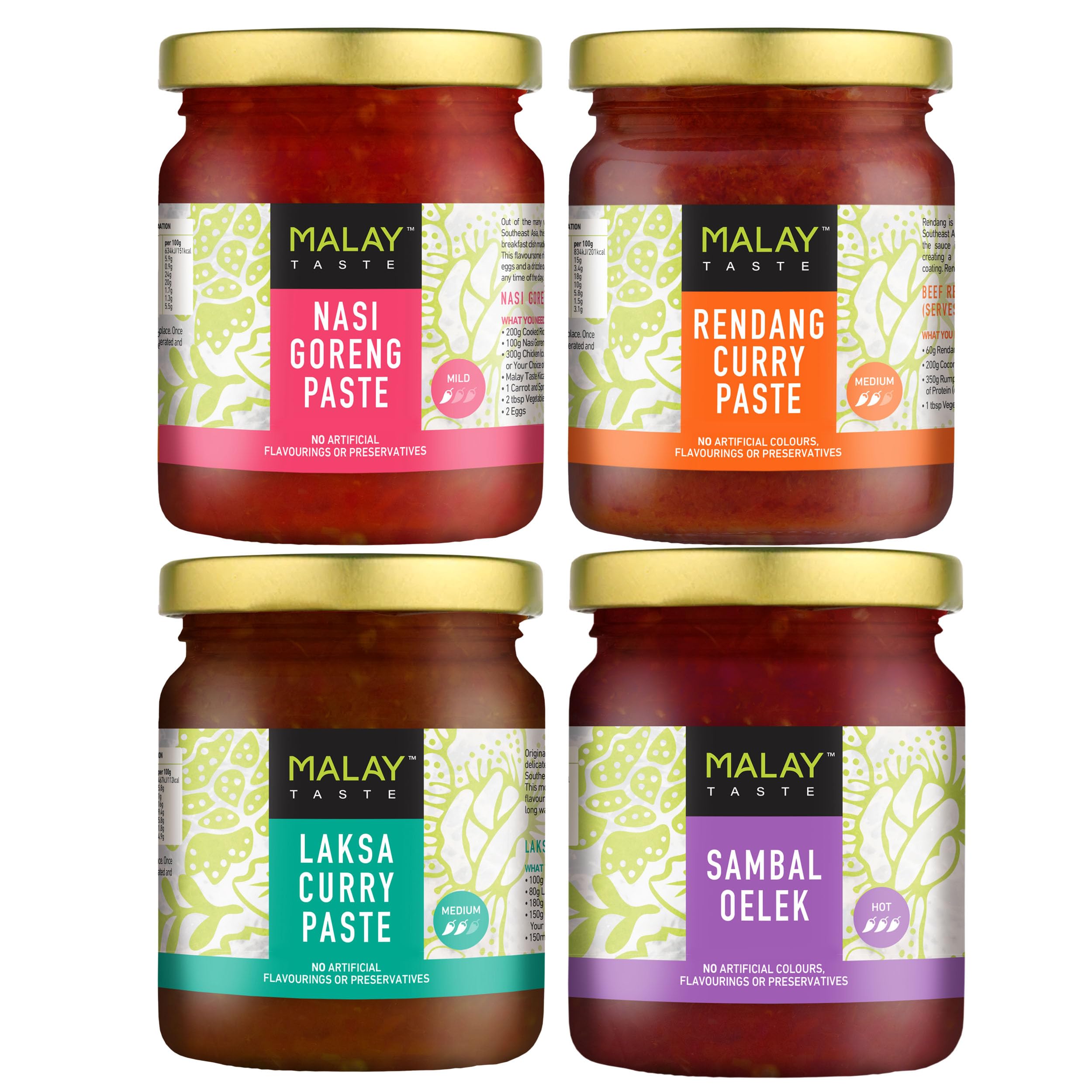 Malay Taste Curry Paste 185g Bundle - Rendang, Nasi Goreng, Sambal Oelek & Laksa