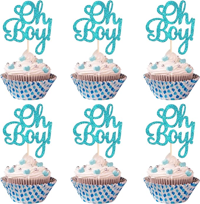 24 PCS Oh Boy Cupcake Toppers Glitter It's a Boy Cupcake