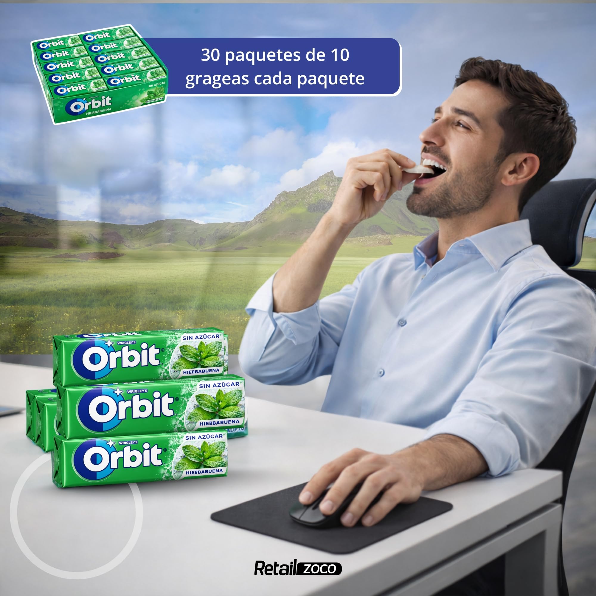 Orbit Chicles Sabor Hierbabuena, Chicles sin azucar, Paquete de cicles Orbit, Sabor Fresco, Intenso y de Larga Duración en formato Gragea, sin gluten, Formato ahorro, 30 paquetes de 10 Grageas
