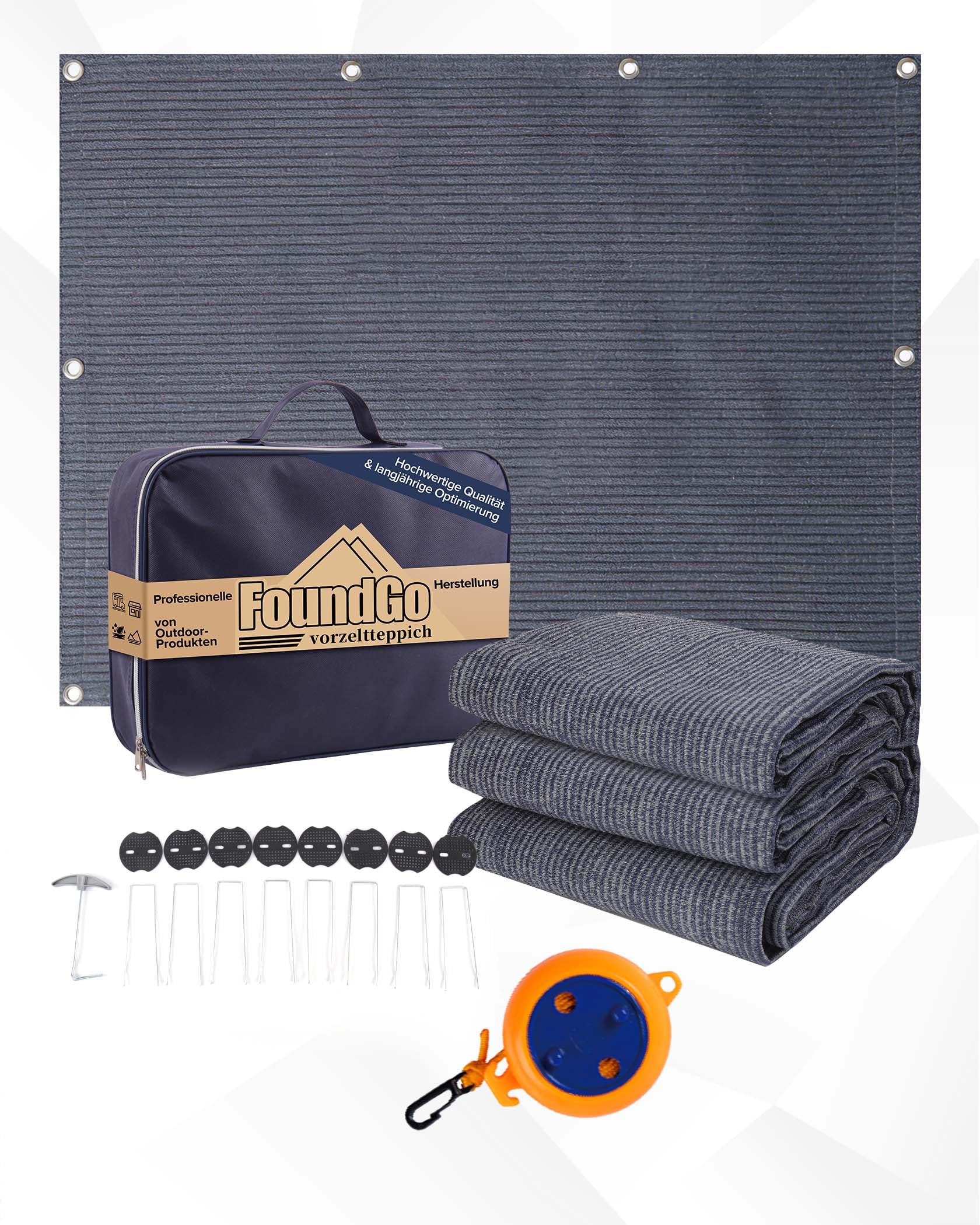 FoundGo Vorzeltteppich mit Ösen [280g/m² HDPE] Camping Teppich Outdoor Vorzeltboden inkl. Tragetasche 8 Stahlnägel & Wäscheleine