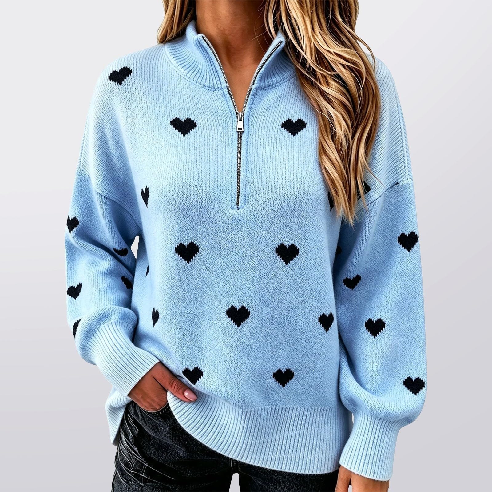Donna Maglione Mezza Zip Cuore Collo Alto Manica Lunga Maglia Pullover