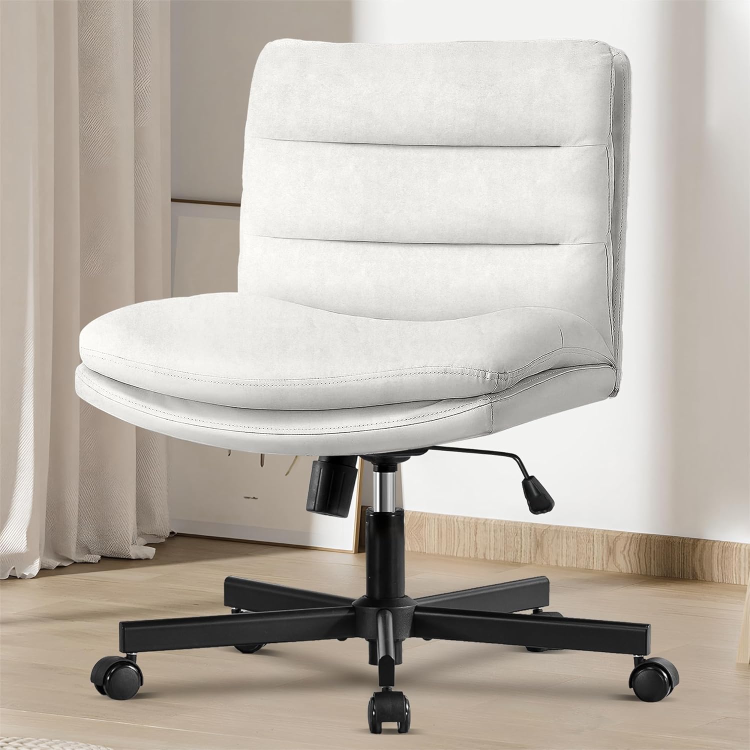 COMHOMA Cross Legged Office Chair with Wheels, Armless Wide Computer Chair Mid Back