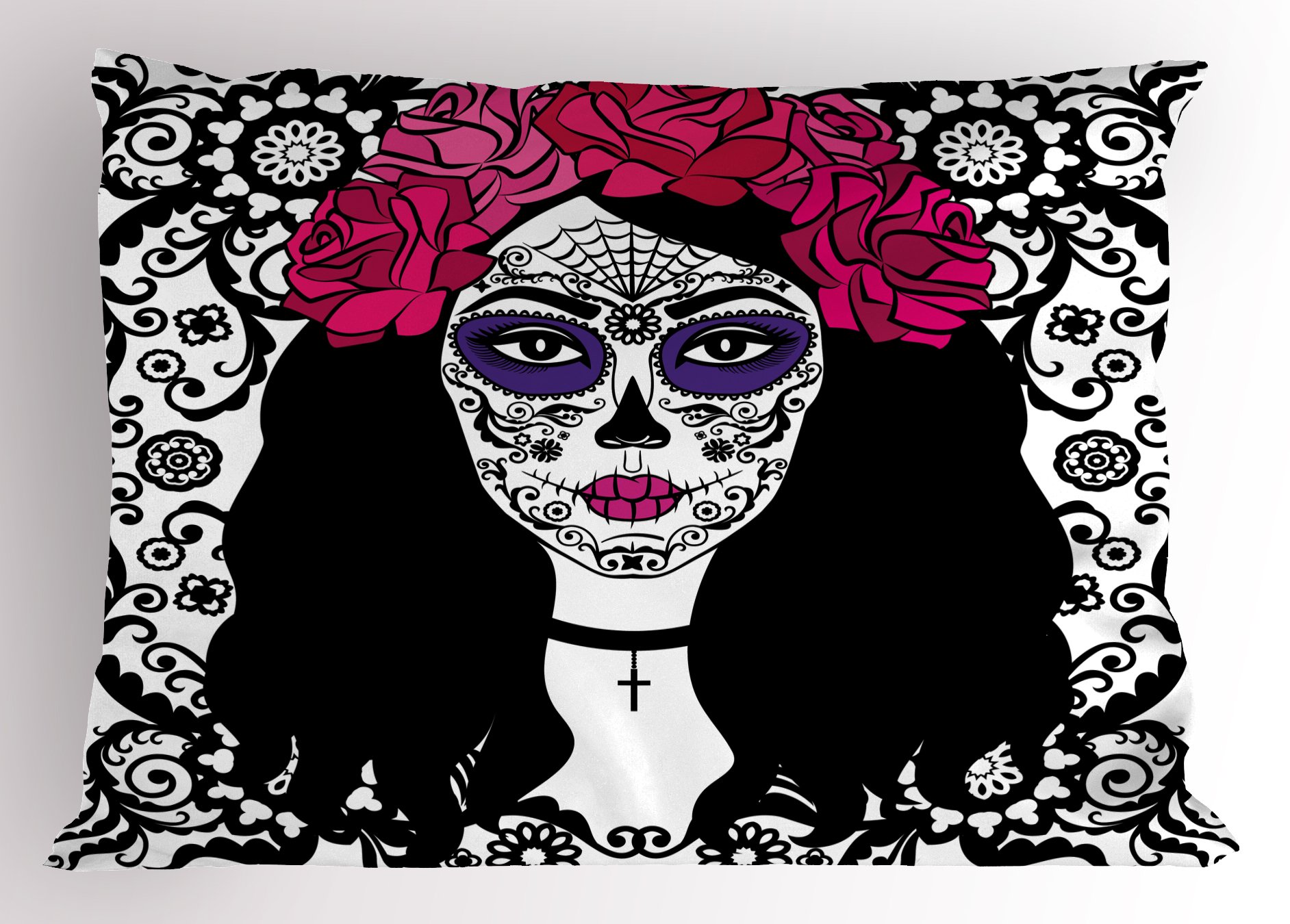 Ambesonne Sugar Skull Pillow Sham, Dia De Los Muertos Themed Traditional Art Print Colorful Lady Art Print, Decorative Standard Size Printed Pillowcase, 36