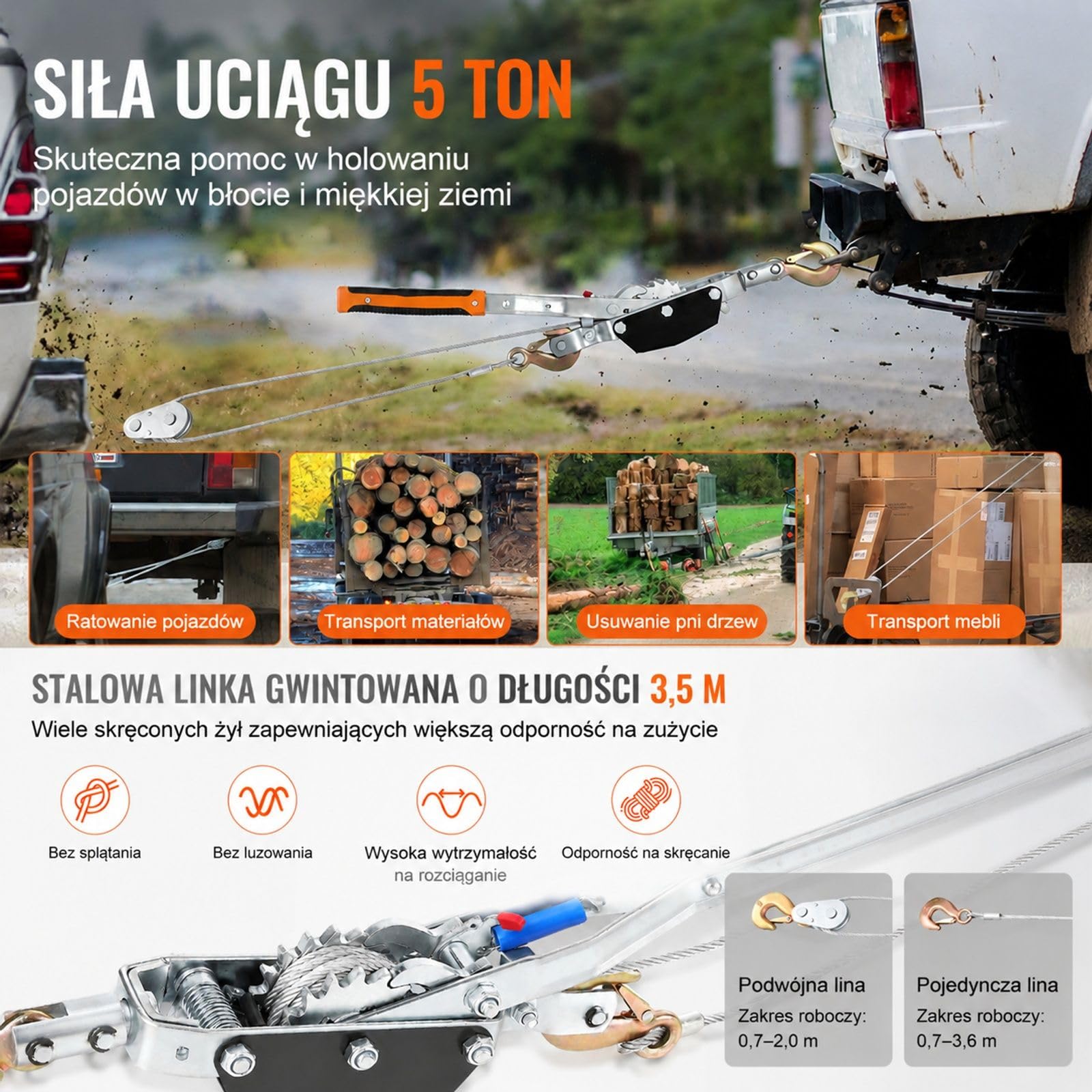 Ręczna wciągarka linowa z dźwignią, udźwig 5 ton, 3 haki, lina ze stali węglowej, dwubiegowa konstrukcja do pojazdów i warsztatu