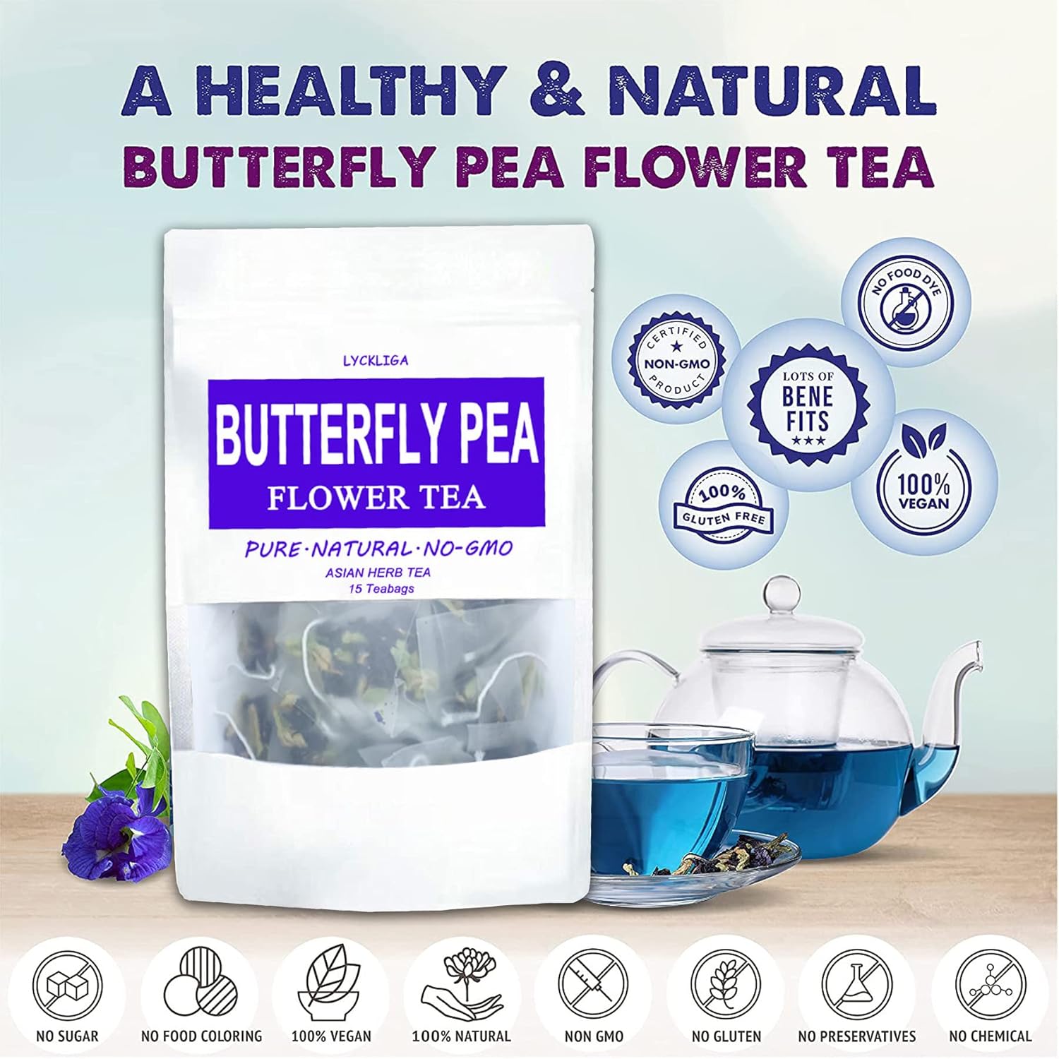 LYCKLIGA - Butterfly Pea Flower Tea, Premium Dried Butterfly Pea Tea, Blue Tea, 15 Tea Bags (pack of 6)