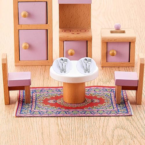 Miniatura 7 de G0lden&Mang0 Juego de 22 muebles de casa de muñecas, 112 decoración de casa de muñecas, 1 mesa de comedor de madera y 4 sillas, 1 alfombra de pavo