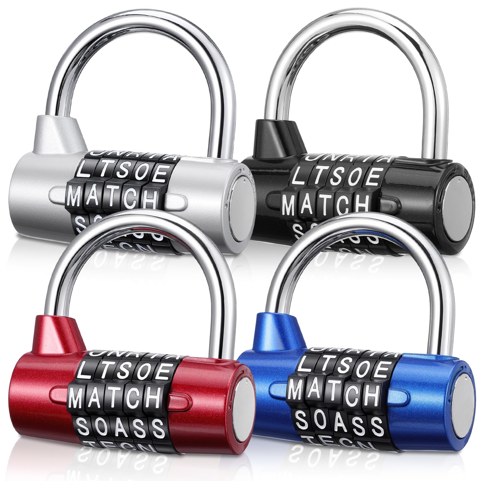 4 Pack 5 Letter Combination Lock - Keyless Resettable Word Padlocks for Gym Lockers, Toolboxes, Cabinets & Hasp - Heavy Duty Zinc Alloy, 5 Digit Combo (Black, Silver, Red, Blue)