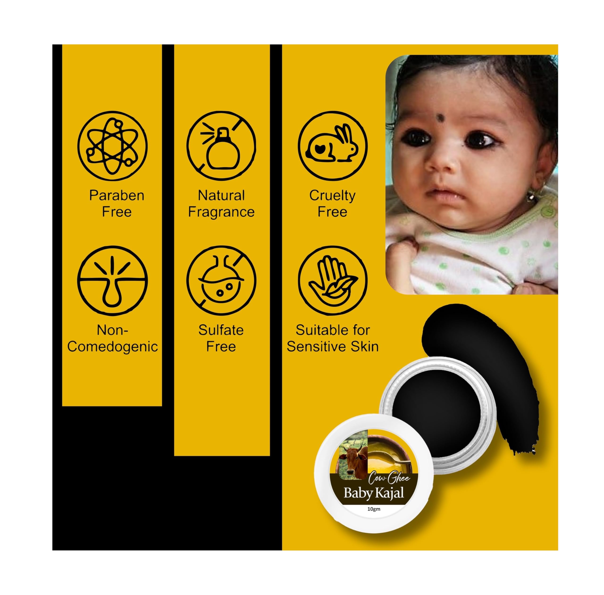 SKIVILA Baby Kajal - Water Resistant,Matte, Smudge Proof, Long lasting,For Normal Skin type,All Natural and Organic with no Harmful chemicals -10 gm