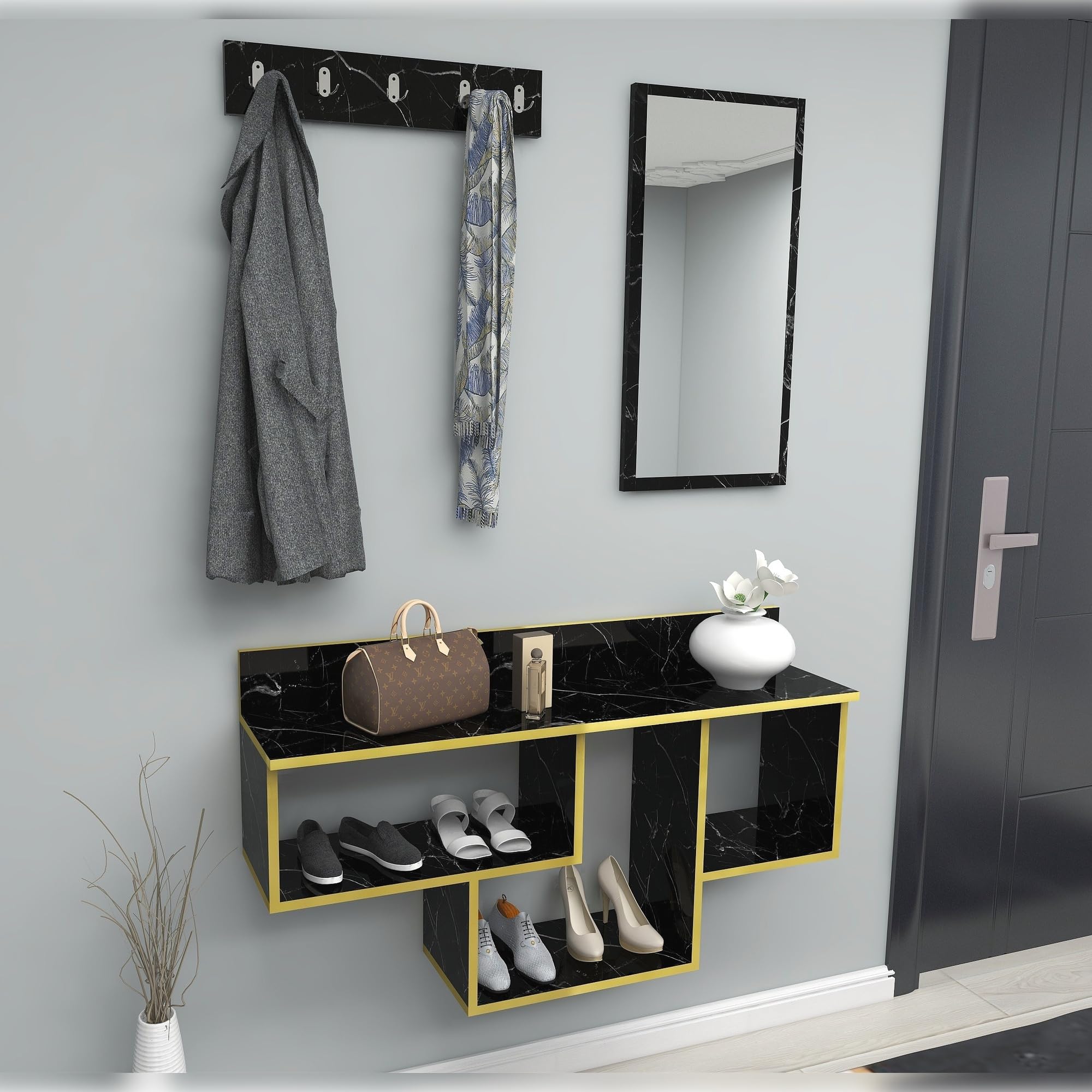 WELL HOME MOBILIARIO & DECORACIÓN Conjunto de RECIBIDOR, conglomerado recubierta melamina, con Espejo Negro-Ribete Dorado