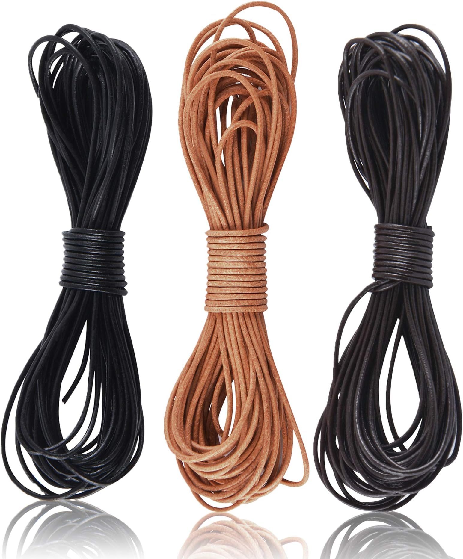 SOSMAR 3 Rolls 5M X 1MM Cowhide Round Leather Cords Rope String for Bracelet Necklace Jewelry Making Lanyards DIY Crafts, Black, Dark Brown, Natural Brown Top Grain Leather Cord