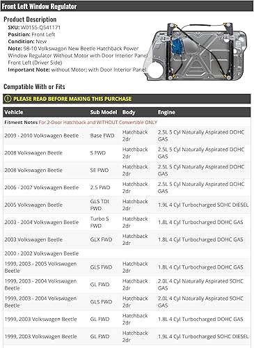 Elevalunas delantero izquierdo del lado del conductor - Compatible con Volkswagen Beetle 1998-2010 (2 puertas Hatchback sin convertible)