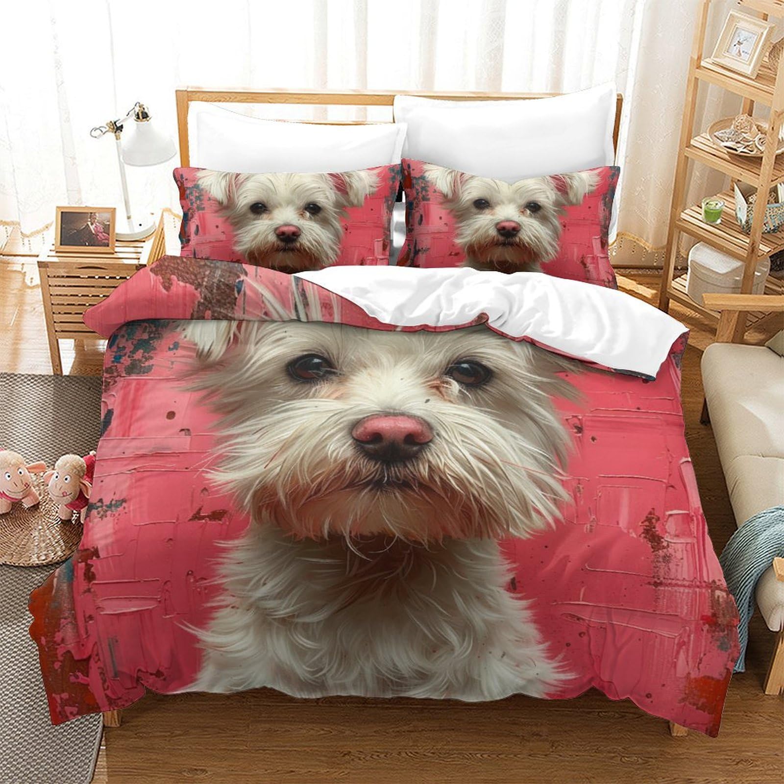 Housse de couette Chien Blanc 220x240cm avec 2 taies d'oreiller