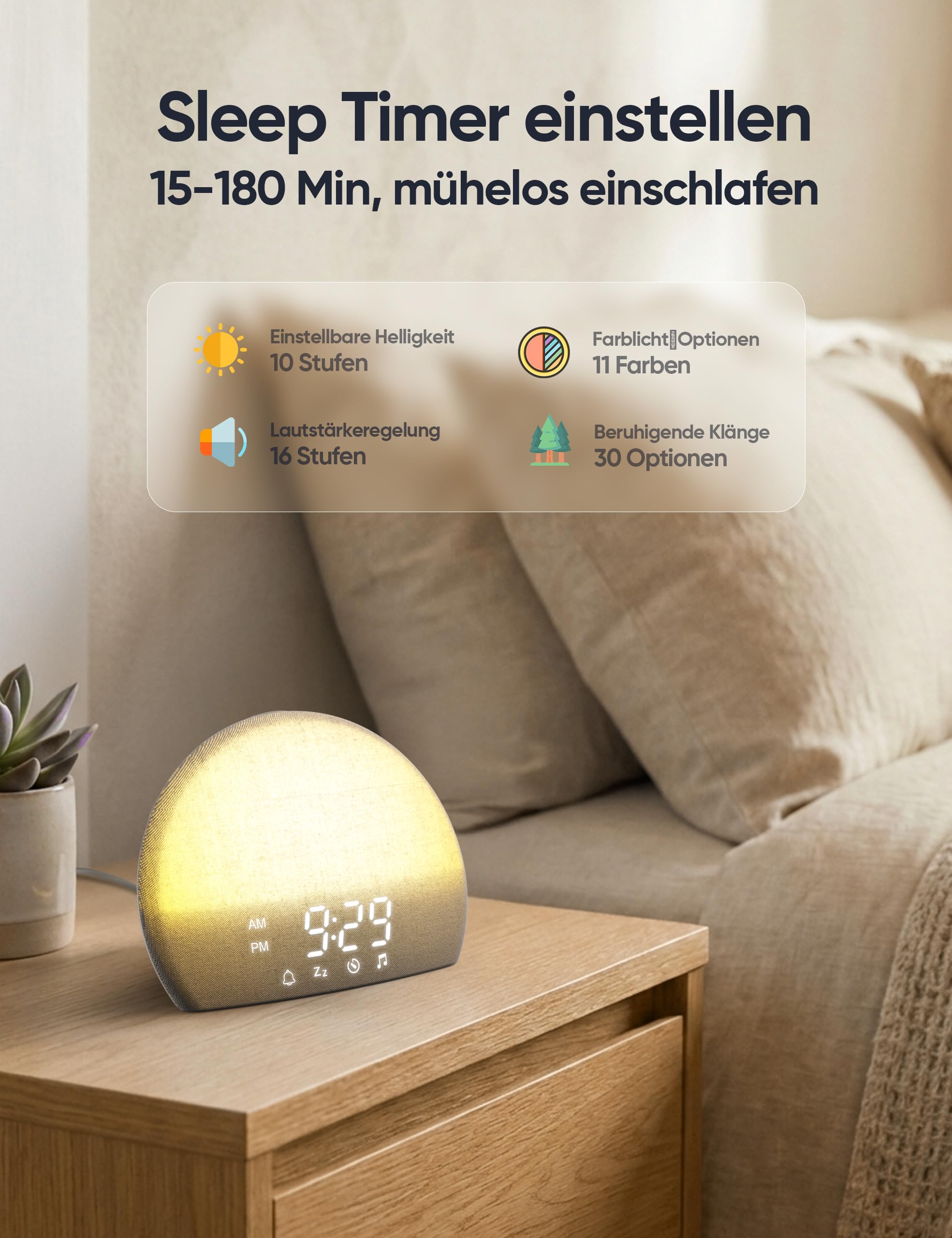 Lichtwecker mit Sonnenaufgang und White Noise Maschine 30 Klänge