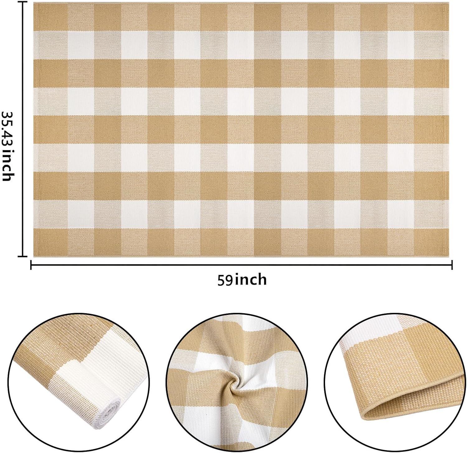 3' x 5' Outdoor Rug, Checkered Washable Rug Khaki and White Front Porch Rug Washable Front Door Mat Outdoor for Hello Welcome Mat, Bedroom, Entryway, Patio
