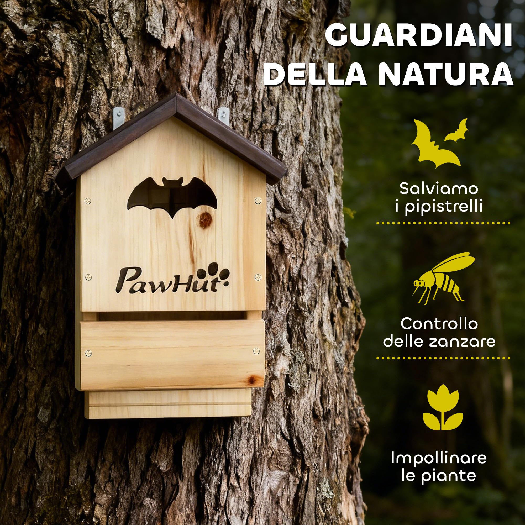 PawHut Set di 3 Casette per Pipistrelli 21.5x11.5x34 cm Legno Naturale | Legno di Abete, Rifugio per Pipistrellini, Da Esterno, Bat Box da Appendere