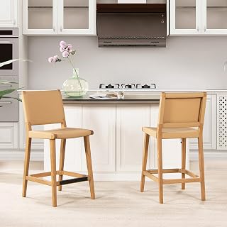 Farmhouse Bar Stool with Back Support: 26 Inch Kitchen Counter Stool - Sunkissed Beige Leather & Natural Rubberwood Frame for Rustic B&B Breakfast Nook & Hospitality Seating