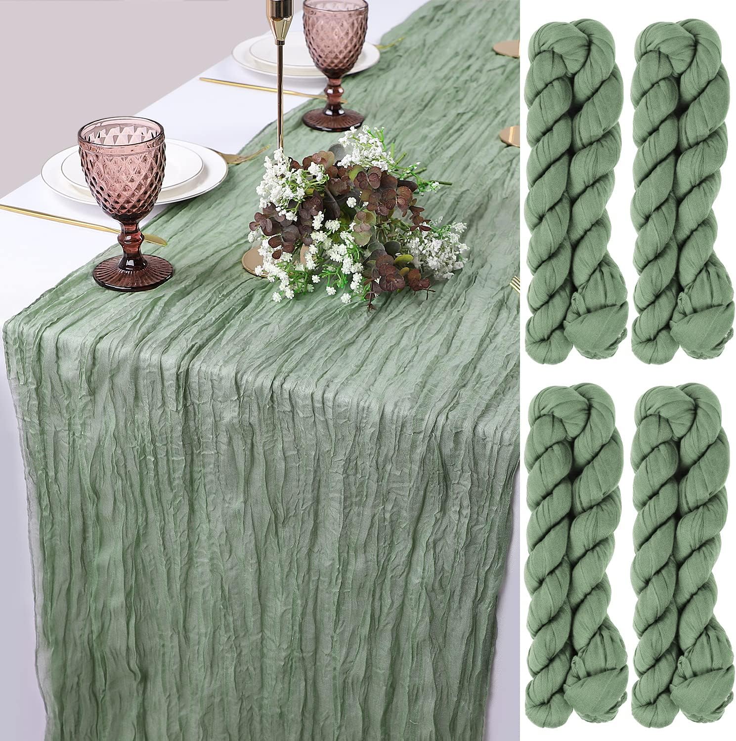LVEFIT 4PCS Sage Green Cheesecloth Table Runner 13.3ft Long Gauze Table Runner Rustic Wedding Cheese Cloths Decor for Wedding Bridal Baby Shower Birthday Party Wedding Decorations Boho Table Runner