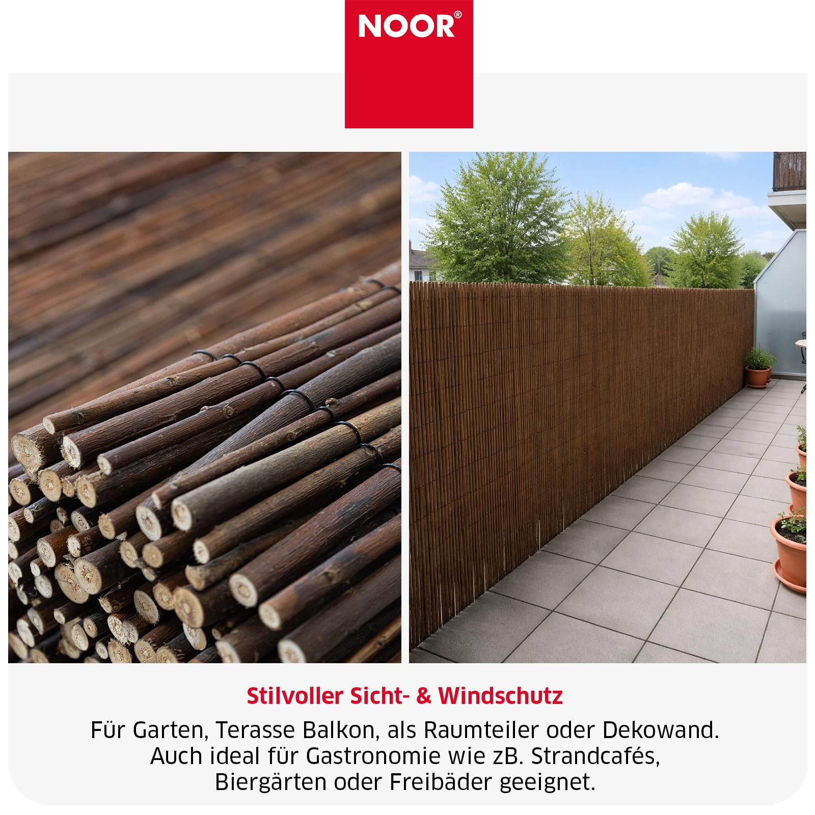 NOOR Weidenmatte DELUXE - Sichtschutzmatte Weidenzaun - Natur 0,9 x 4,5 m | Hochwertiger Sicht- & Windschutz aus Weidenzweigen für Garten, Terrasse & Balkon - robuste Zaunblende mit verzinktem Draht