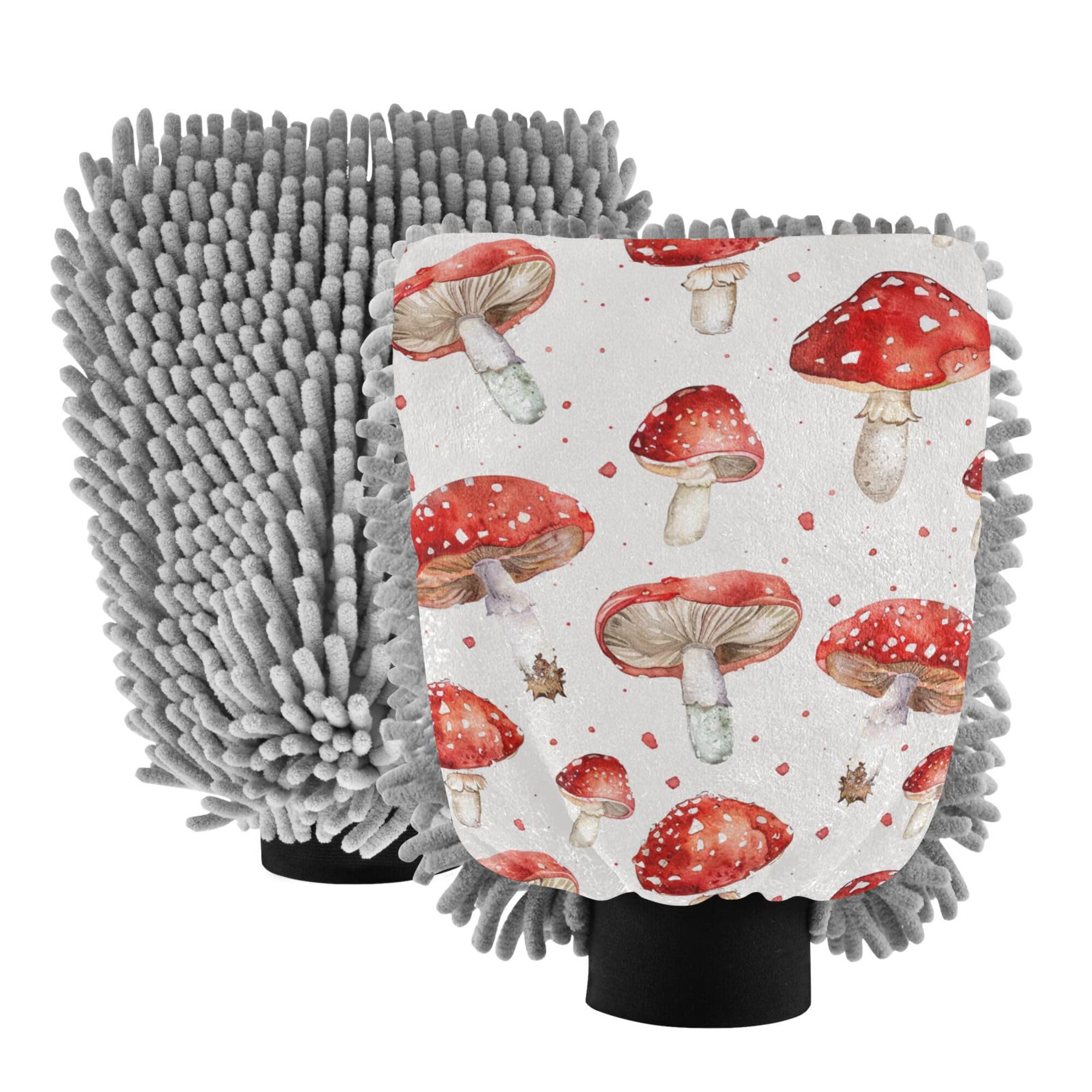 Red Mushrooms Microfiber Car Wash Mitt 2 Pack Car Washing Gloves Non Scratch Detailing Gloves for Wash Drying