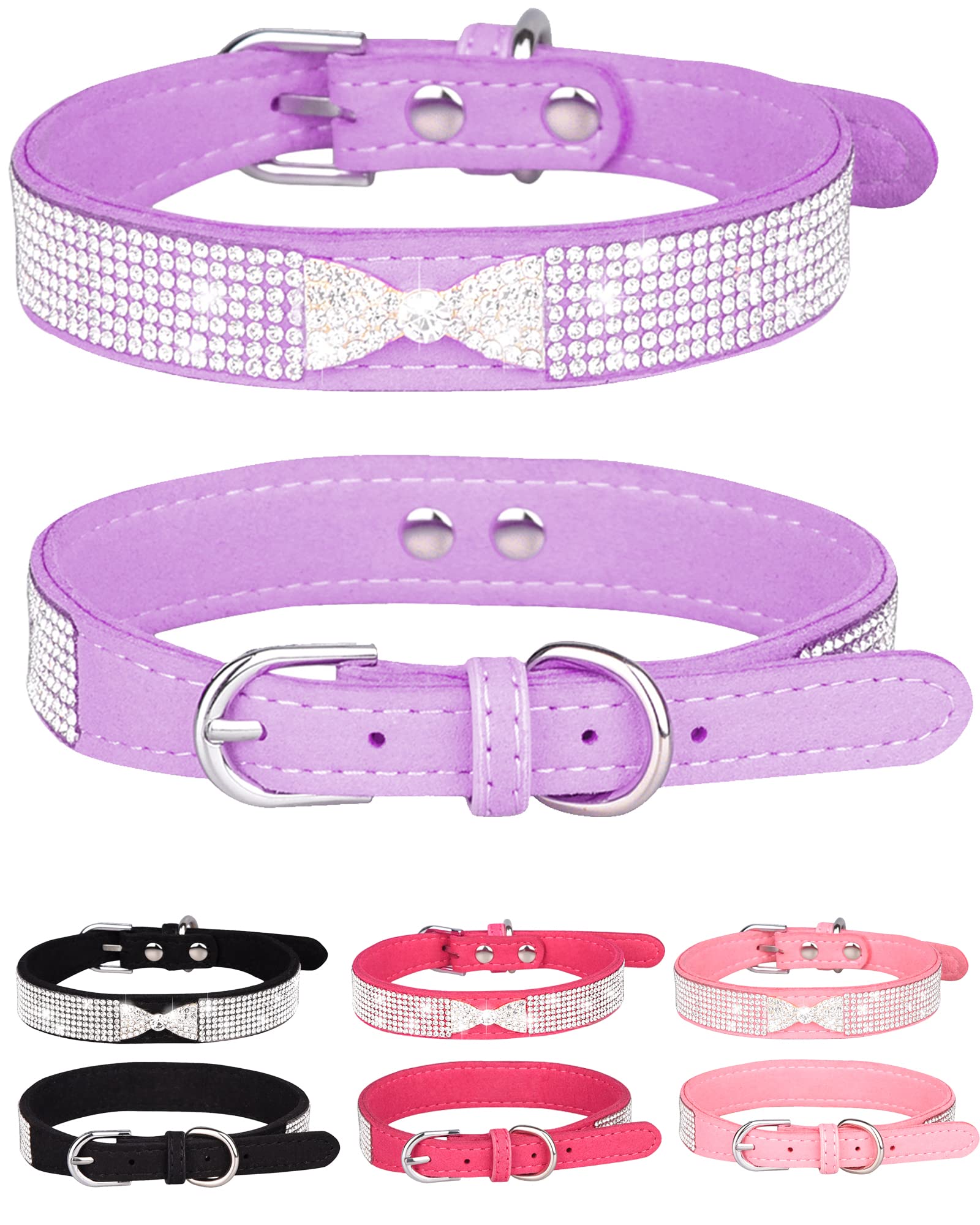 Hundehalsband für kleine Hunde, Verstellbares Leder Wildleder Bling Hundehalsbänder, Rosa Hundehalsband Katzenhalsband, Strass Hundehalsband (XS, lila4)