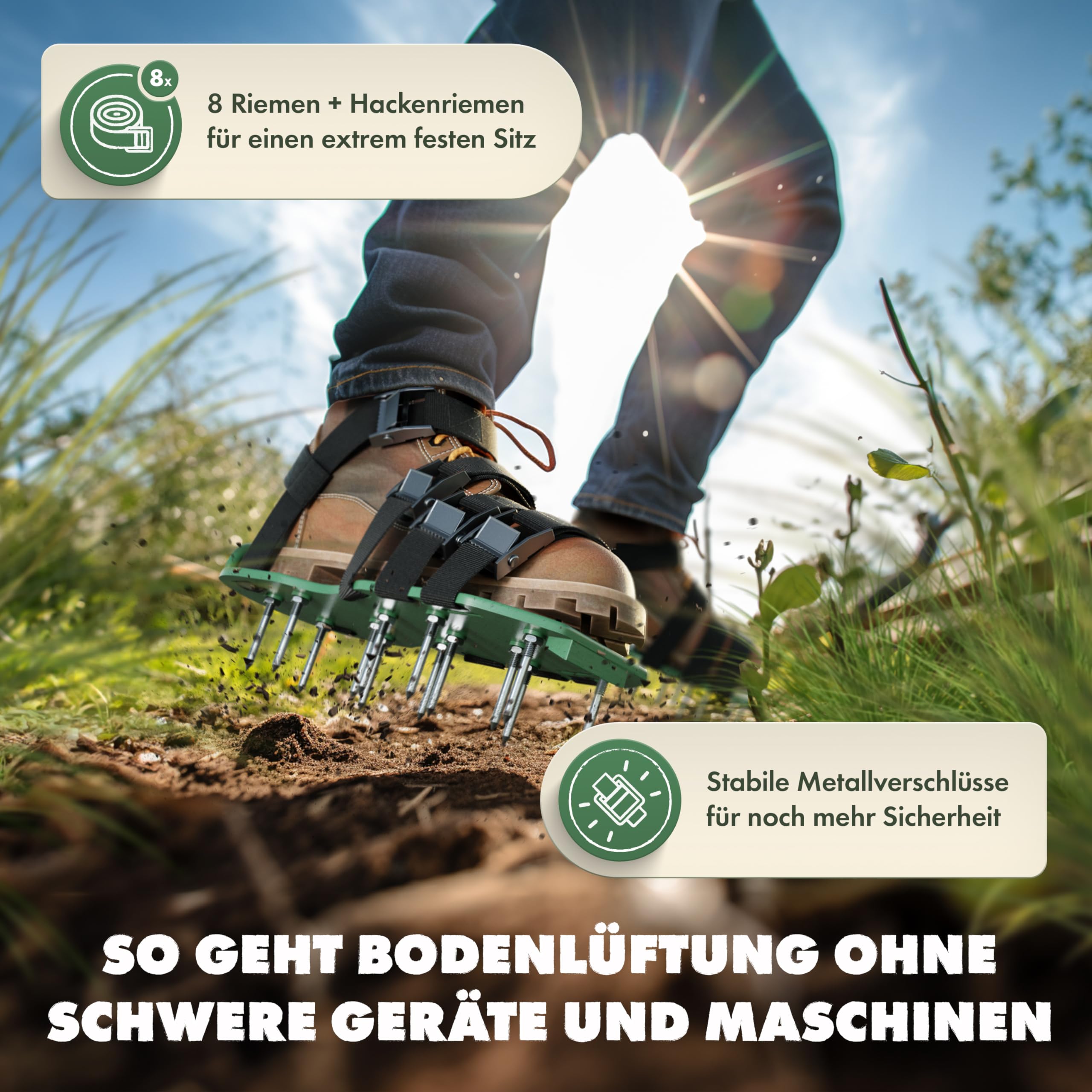 Rasenlüfter mit kurzen + langen Nägeln, Aerifizierer für Rasen mit Metallverschluss, Rasenbelüfter, Nagelschuhe Rasen, Handvertikutierer, Vertikutierer Hand, Vertikutierer Benzin, Rasenlüfter Walze
