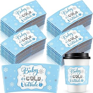 60 Pieces Christmas Baby It's Cold Outside Cup Sleeves Coffee Tea Cup Sleeves Fits 12oz 16oz Disposable Paper Cup Sleeves for Hot Chocolate Cocoa Beverage Xmas Party Supplies (Blue Silver)