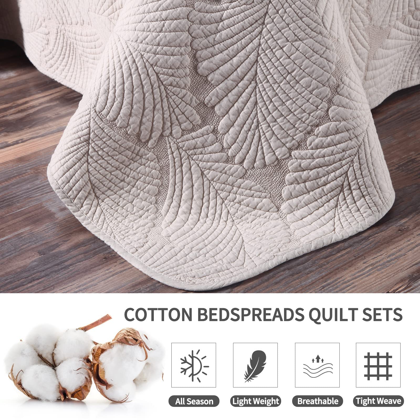 Unimall Tagesdecke Baumwolle Bettüberwurf Set Natur Pflanzen Muster Doppelbett 2X Kissenbezug Shabby Chic 230×250cm, Beige