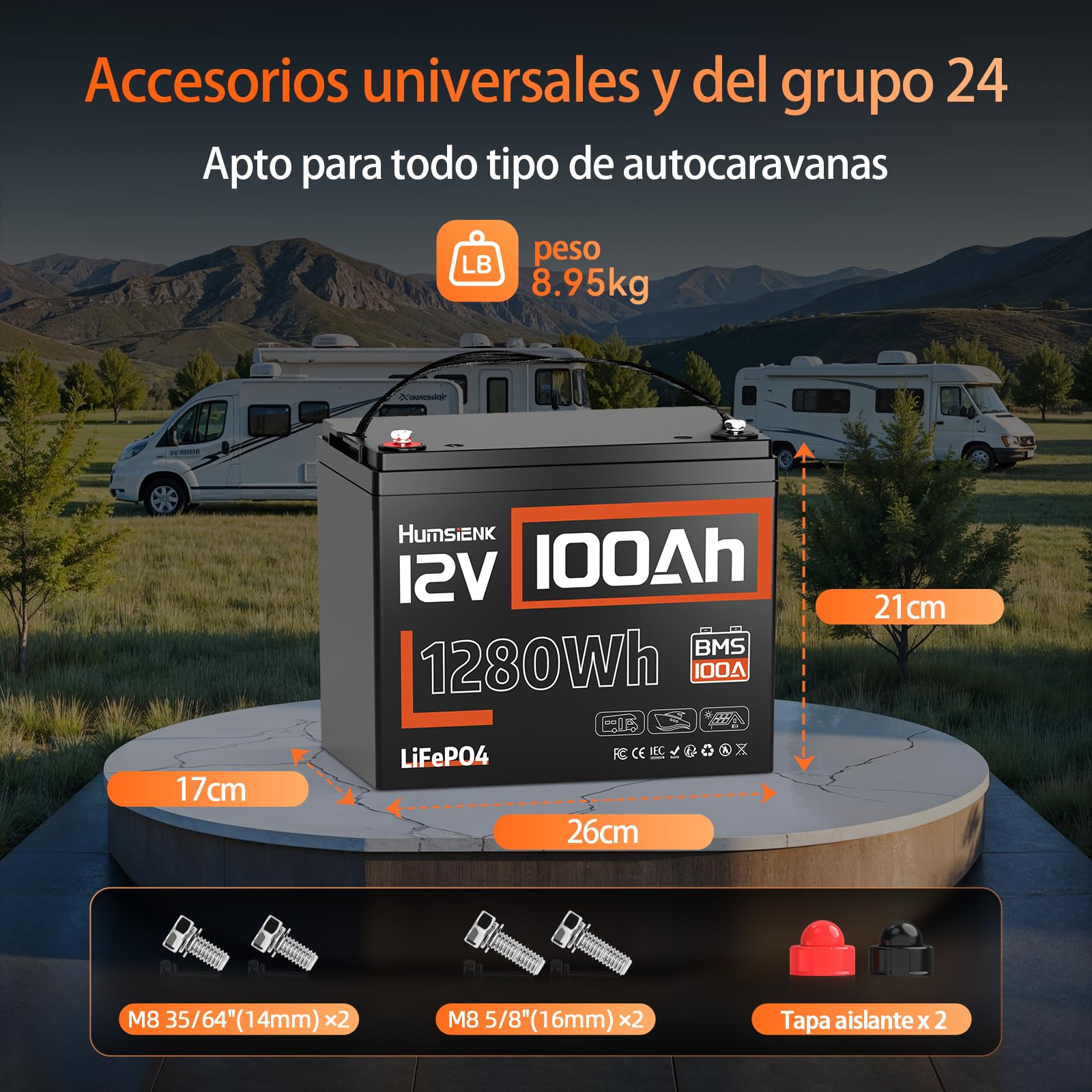 Humsienk Batería Litio LiFePO4 12V 100Ah, 1280Wh, BMS Inteligente de 100A, 4.000–15.000 Ciclos Profundos, Protección Baja Temperatura — para Solar, Autocaravana (RV), Emergencia