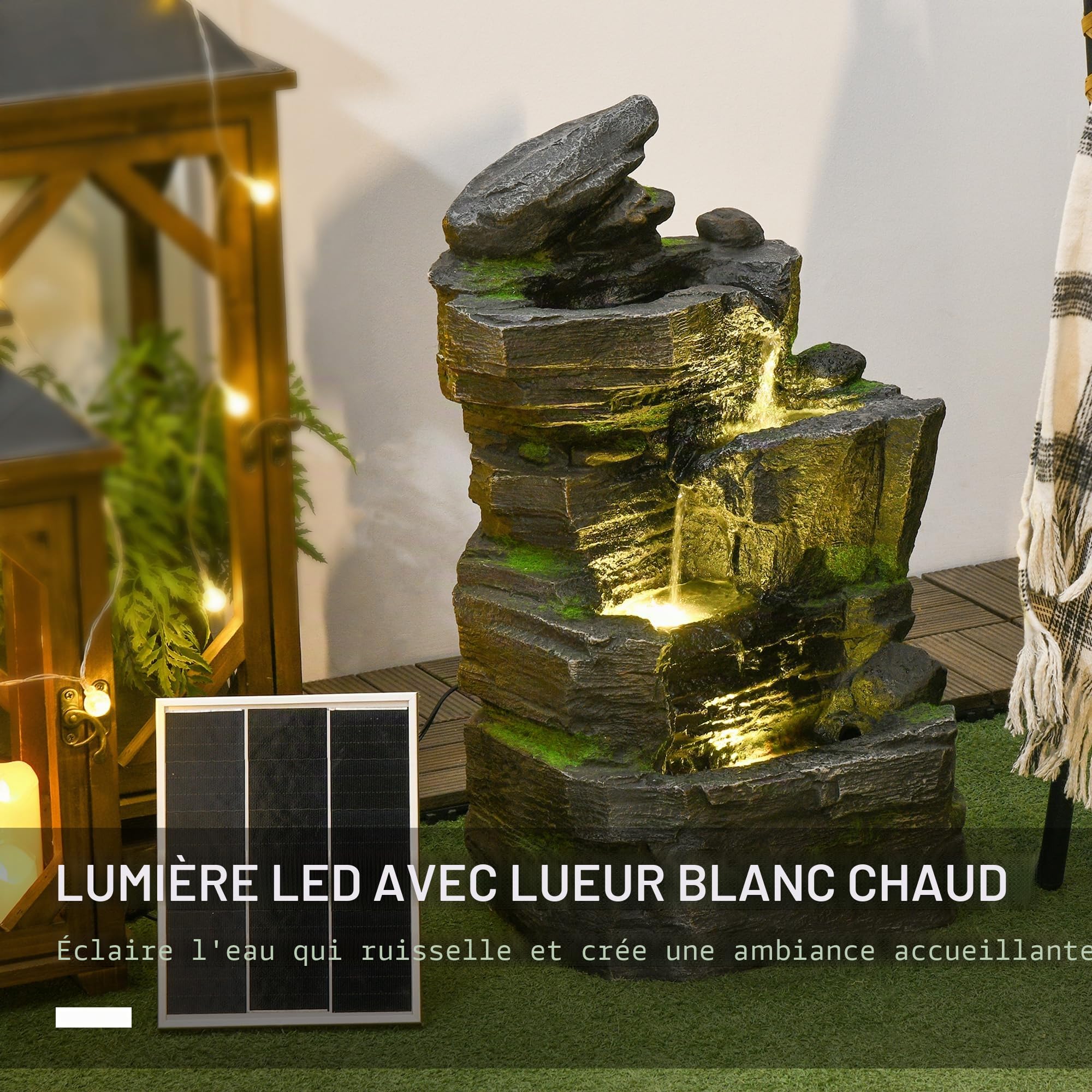 Outsunny Fontaine de jardin, solaire, à 4 niveaux, avec éclairage LED, décorative, pour jardin, balcon, résine synthétique, 34 x 28 x 57 cm