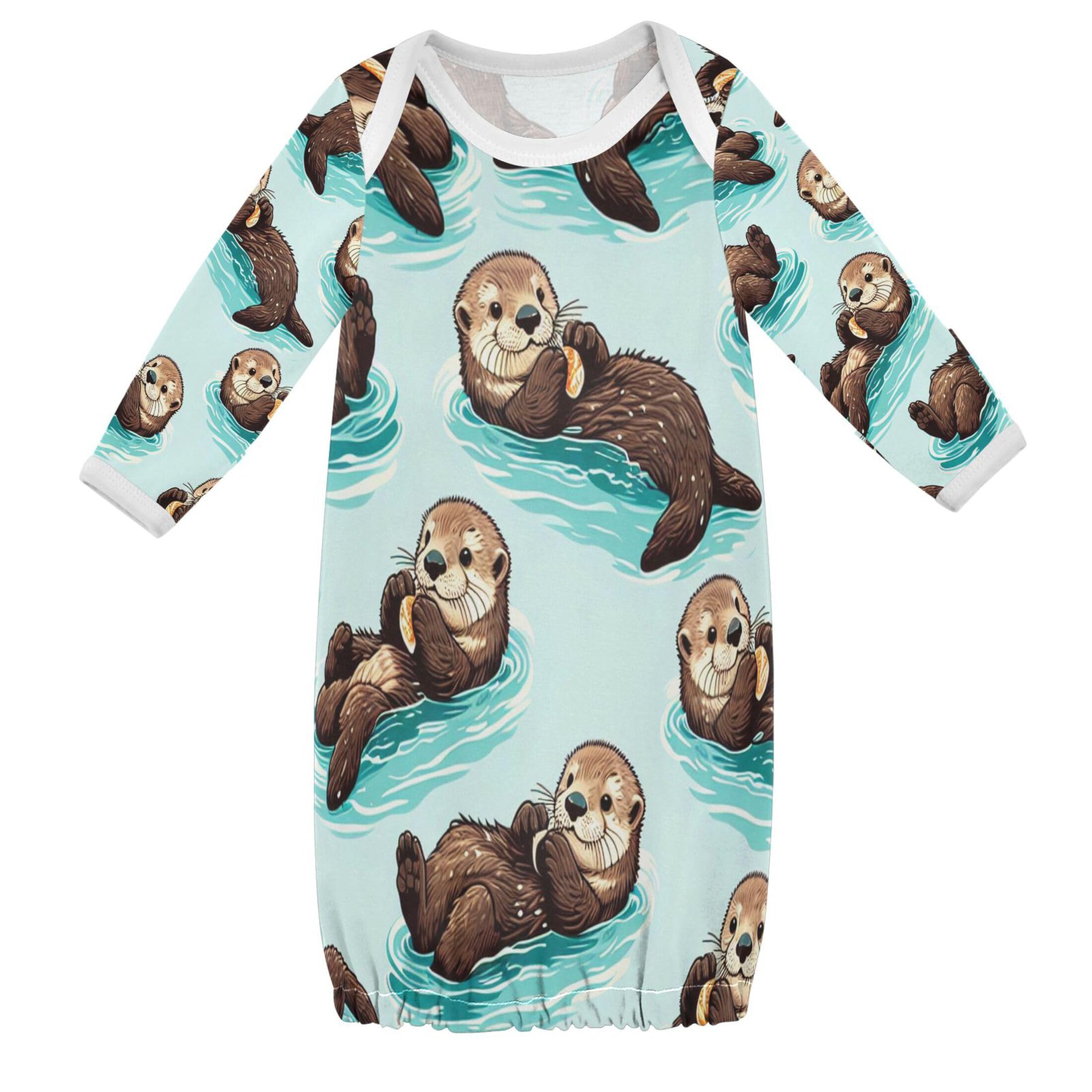 Vozoza Sea Animal Otters Blue Baby Boy Girl Sleeper Gown Cotton Nightgowns Clothes 0-3 Months, 1-Pack