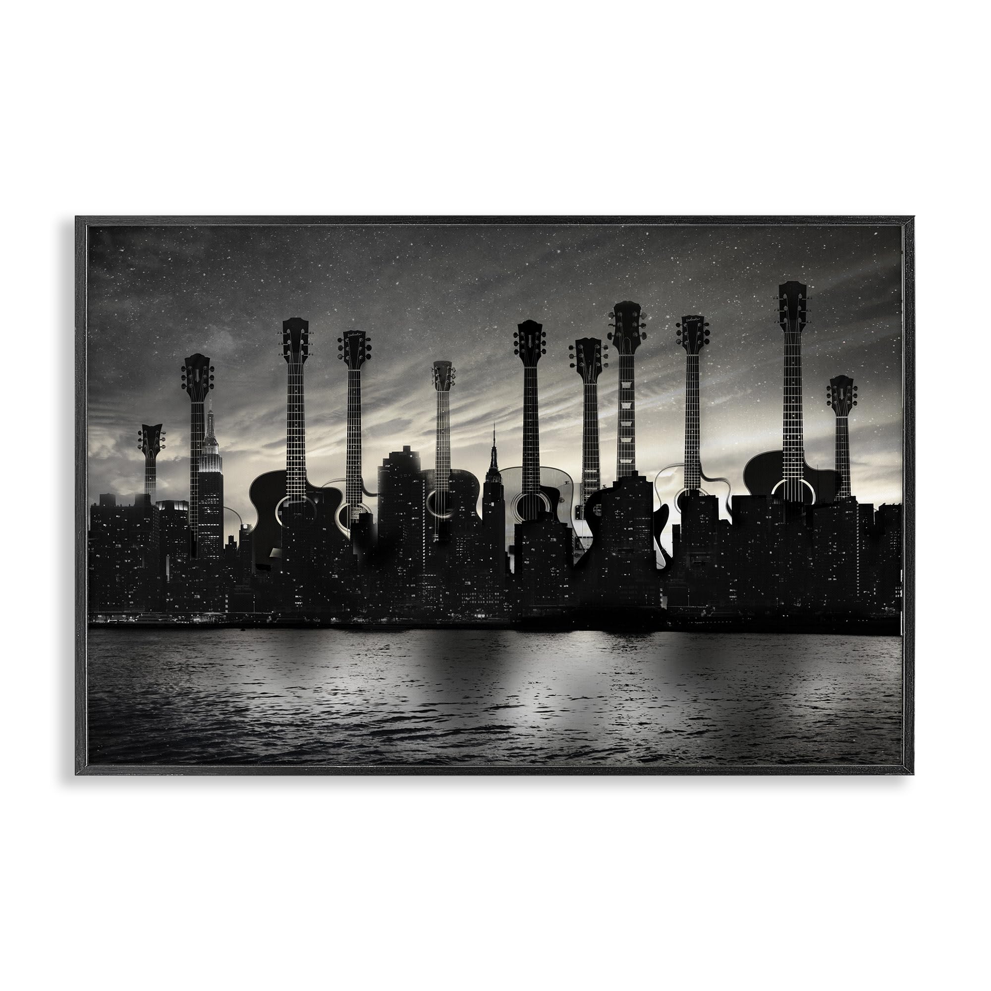 Stupell Industries 'Guitar Skyline Cityscape', Framed Giclee Art, Black, 18 x 12 Inches, Easy to Hang and Sturdy, Made in USA, by CAD Designs