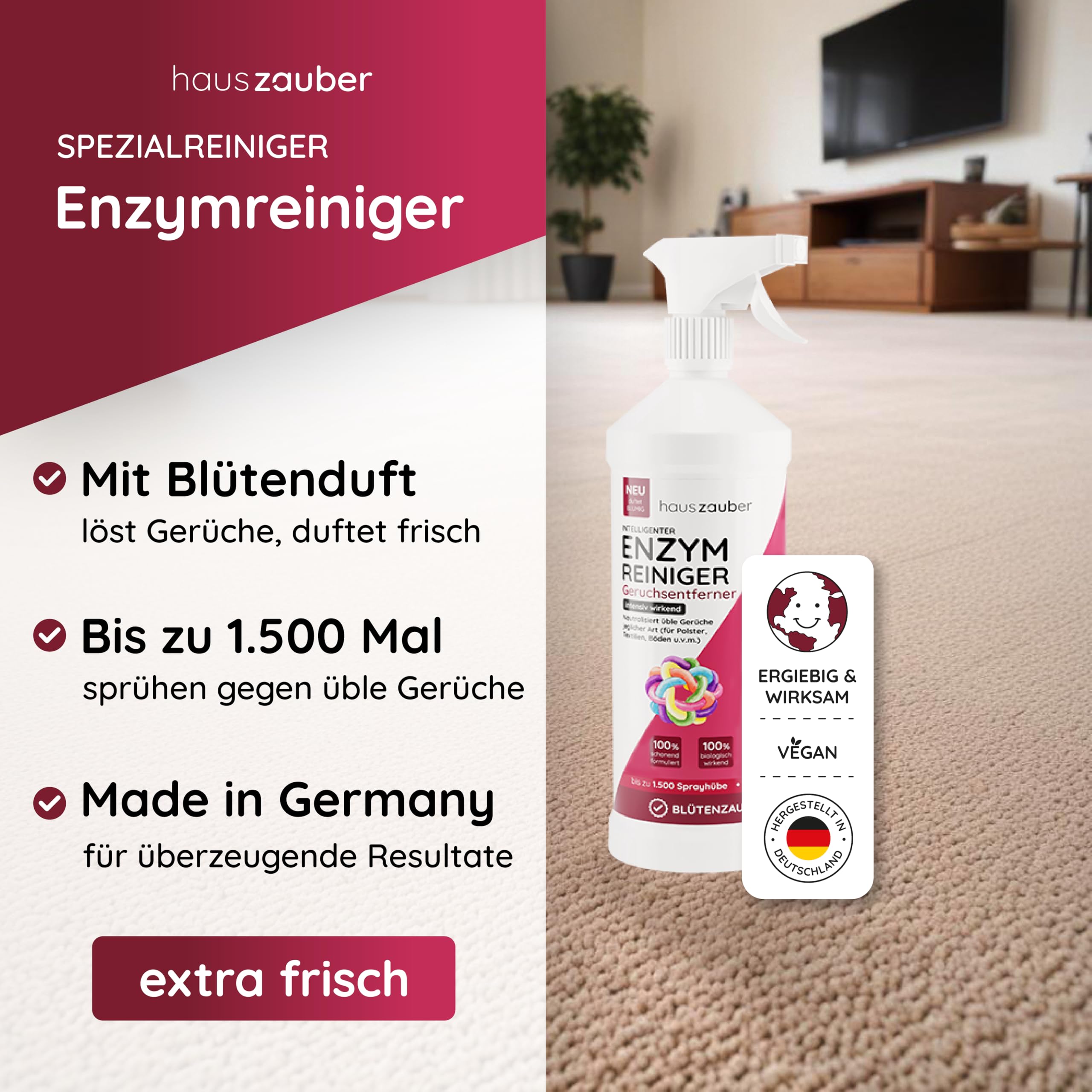 hauszauber - Enzymreiniger [STARKER GERUCHSENTFERNER] 1000 ml - Gegen Katzenurin, Nikotin, Tiergerüche etc. - Schlechte Gerüche aus Auto & Teppich entfernen - Geruchsentferner - Blütenzauber
