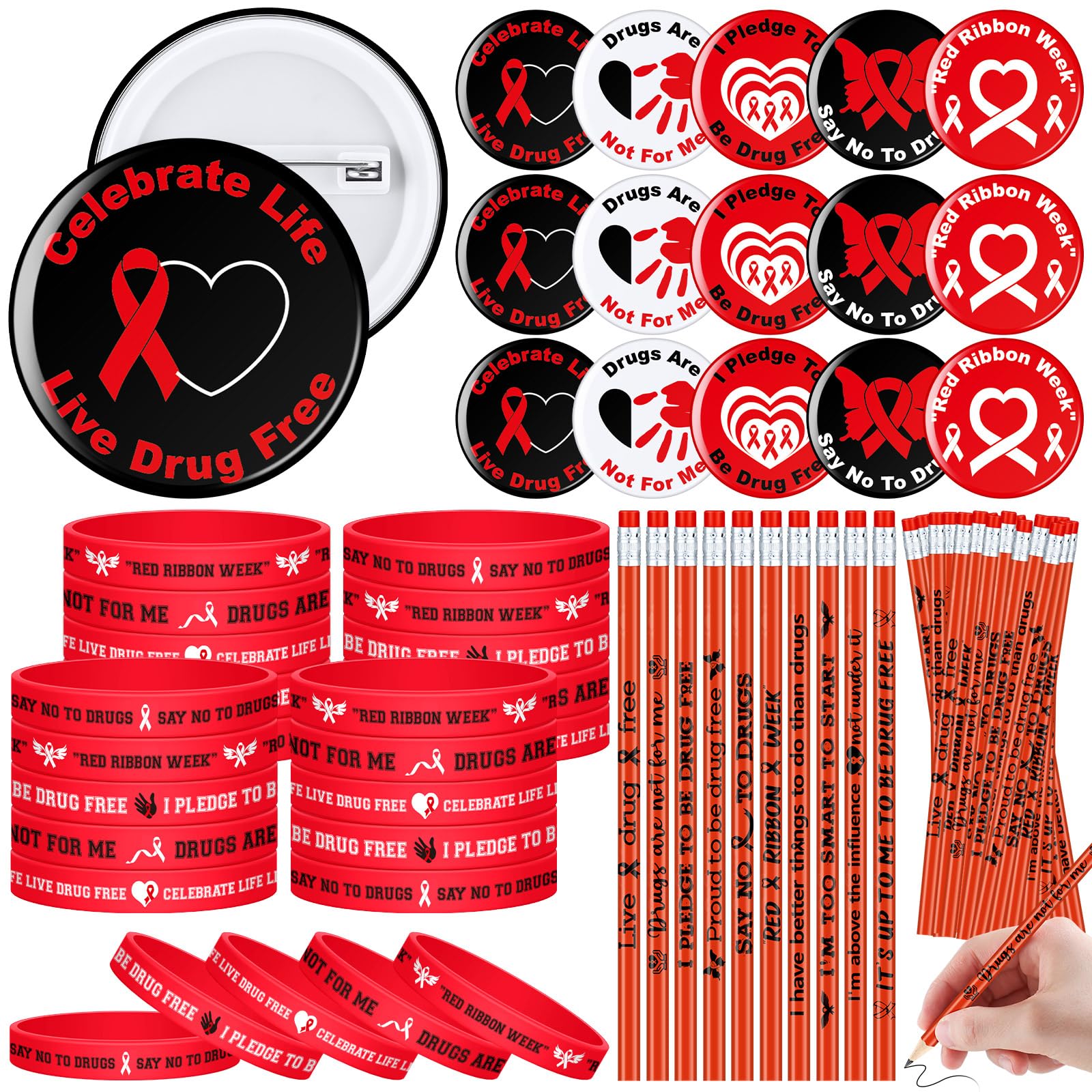Ferreve 90 Pcs Red Ribbon Week Supplies Bulk Red Ribbon Week Awareness Party Favors Include 30 Pencil 30 Bracelet 30 Badge Button for Reward Anti Drugs Events Office Supplies Charity Activity