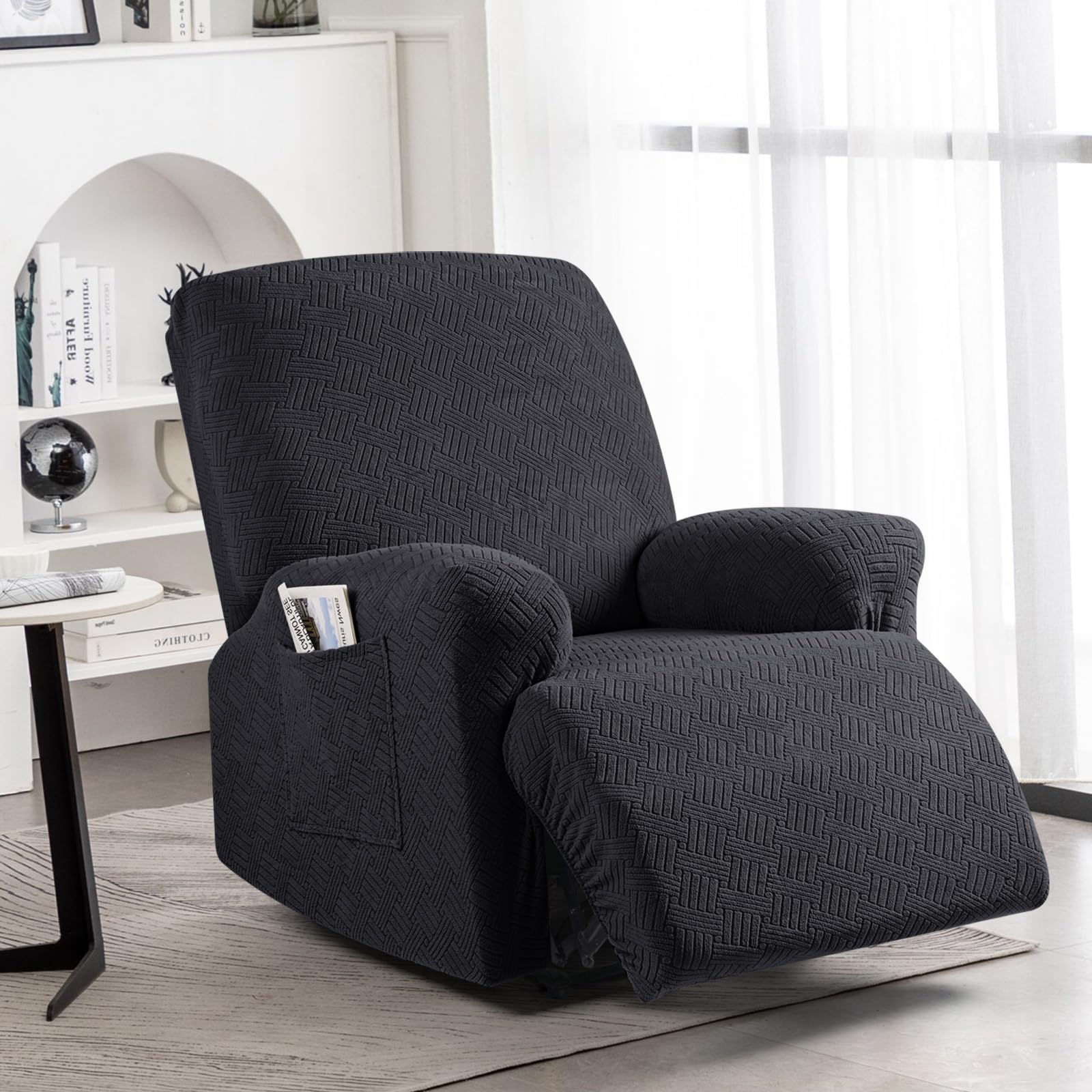 KinCam Jacquard Recliner Chair Cover, Stretch Armchair Covers with Armrest & Pocket, Soft Couch Cover Sofa Protector for Dogs & Pets, Washable Non Slip Sofa Slipcover (1 Seater, Black)