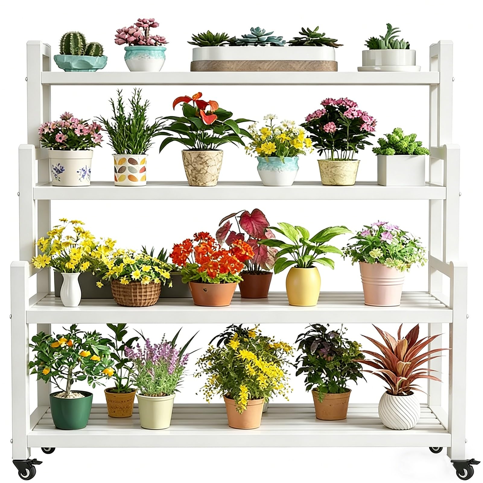 Supporto per piante a 4 livelli in metallo bianco con ruote e freni - Scaffale per fioriera con scala resistente, espositore per vasi da fiori ad angolo (altezza 145 cm)(120x40x145cm)