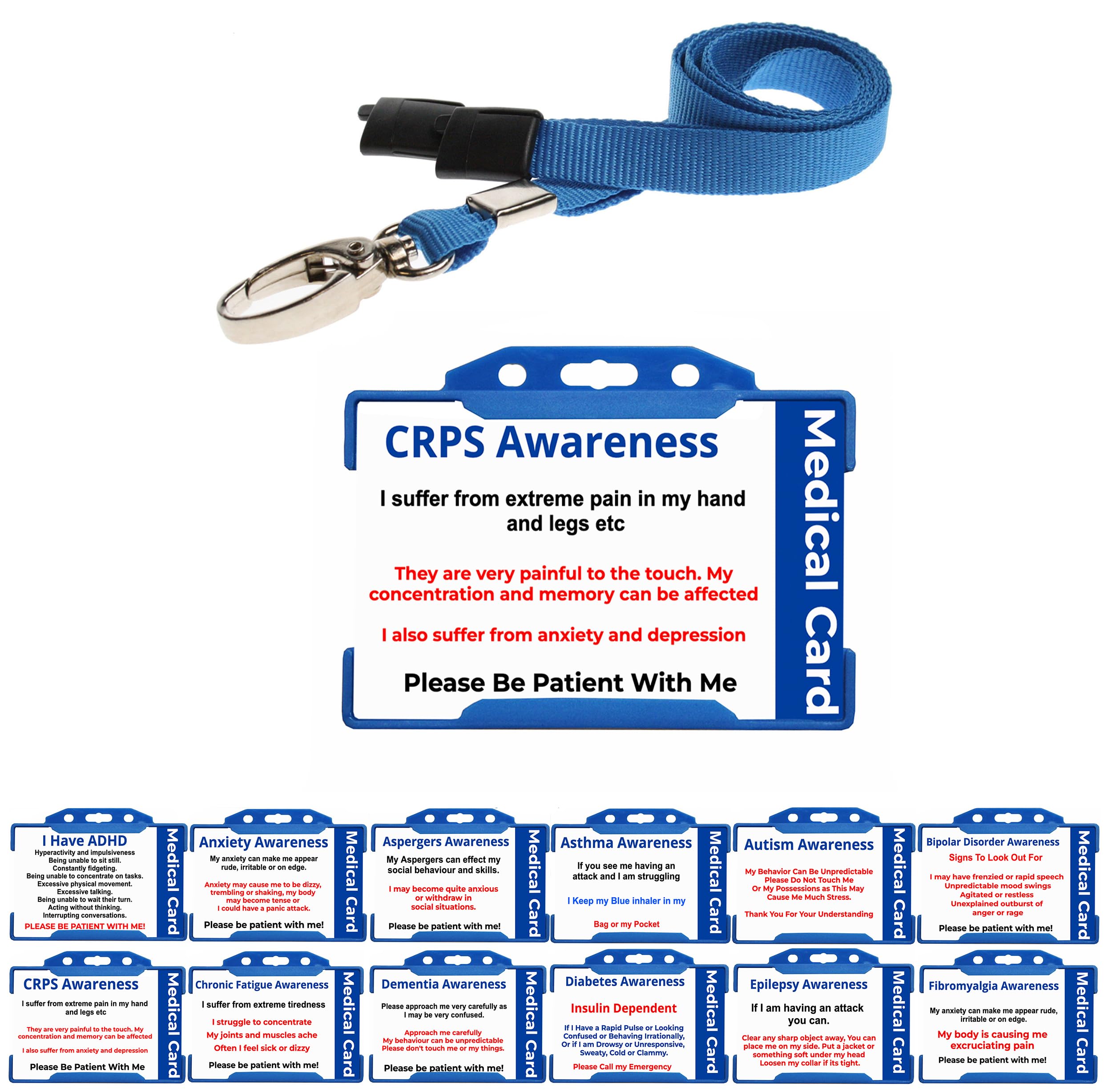 Quantum Leap CRPS Hidden Disability Awareness Printed Plastic Medical Card - with Blue Holder & Blue Lanyard