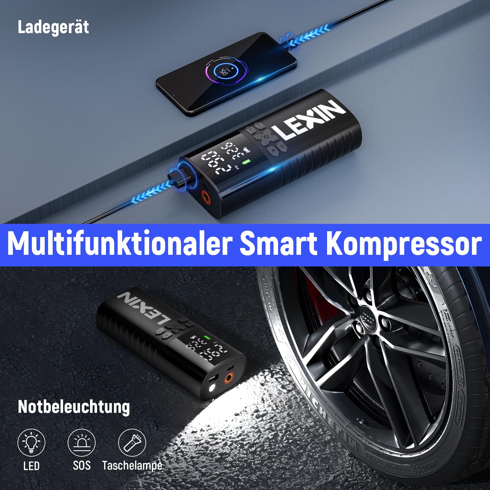 LEXIN Elektrische Luftpumpe, Akku Kompressor, Tragbare Luftpumpe Fahrrad 150 PSI (10,3 Bar), Luftkompressor für Fahrrad Auto Motorrad Bälle, Mini Reifenpumpe mit LED-Anzeige, Notbeleuchtung