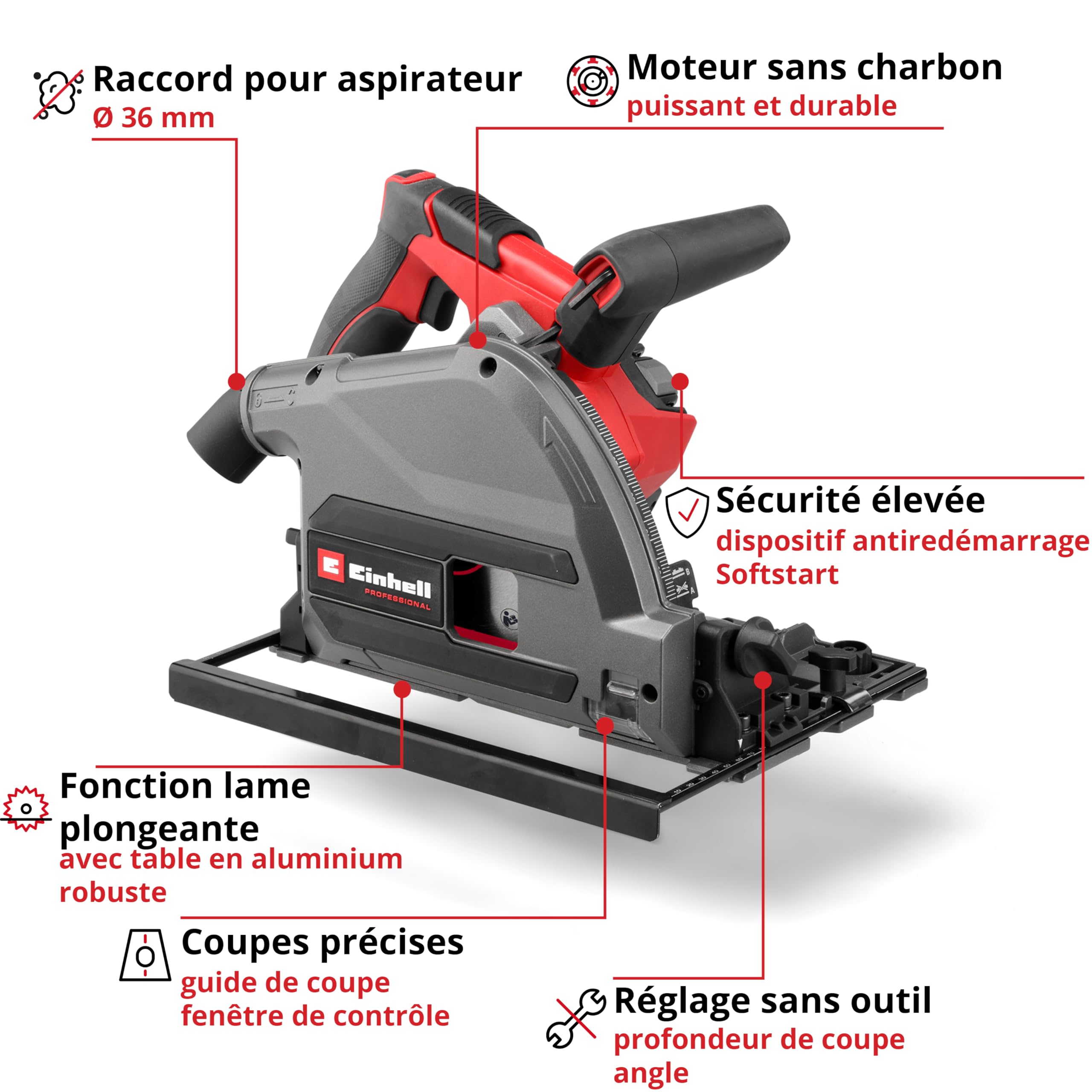 Einhell Professional Scie plongeante sans fil TP-PS 18/165 Li BL-Solo Power X-Change (18 V, lame Ø 165 mm, moteur sans charbon, profondeur de coupe 56 mm, réglage sans outil, sans batterie)
