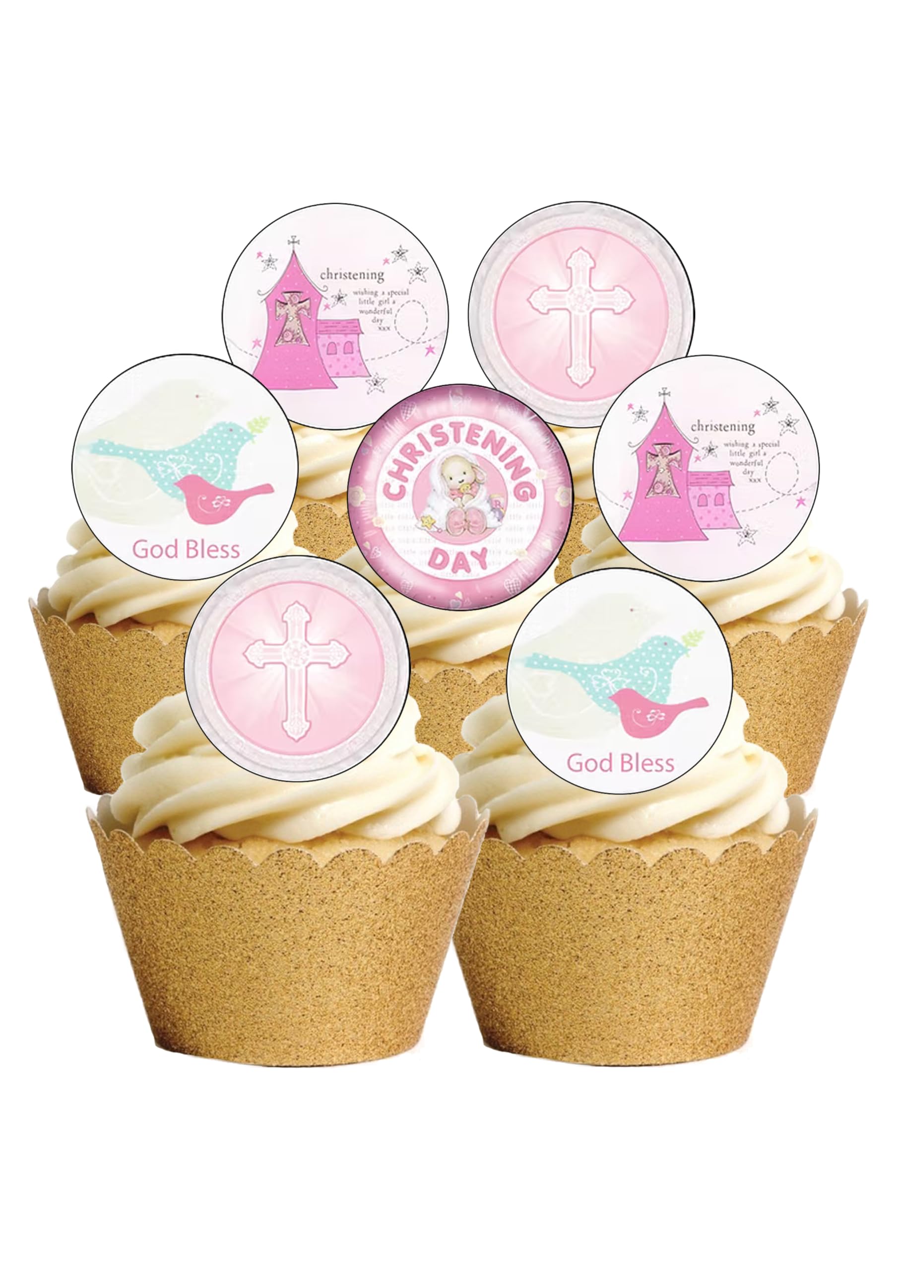 24 Precut Round Edible Wafer Paper Christening Baby Girl Cake Toppers Decorations